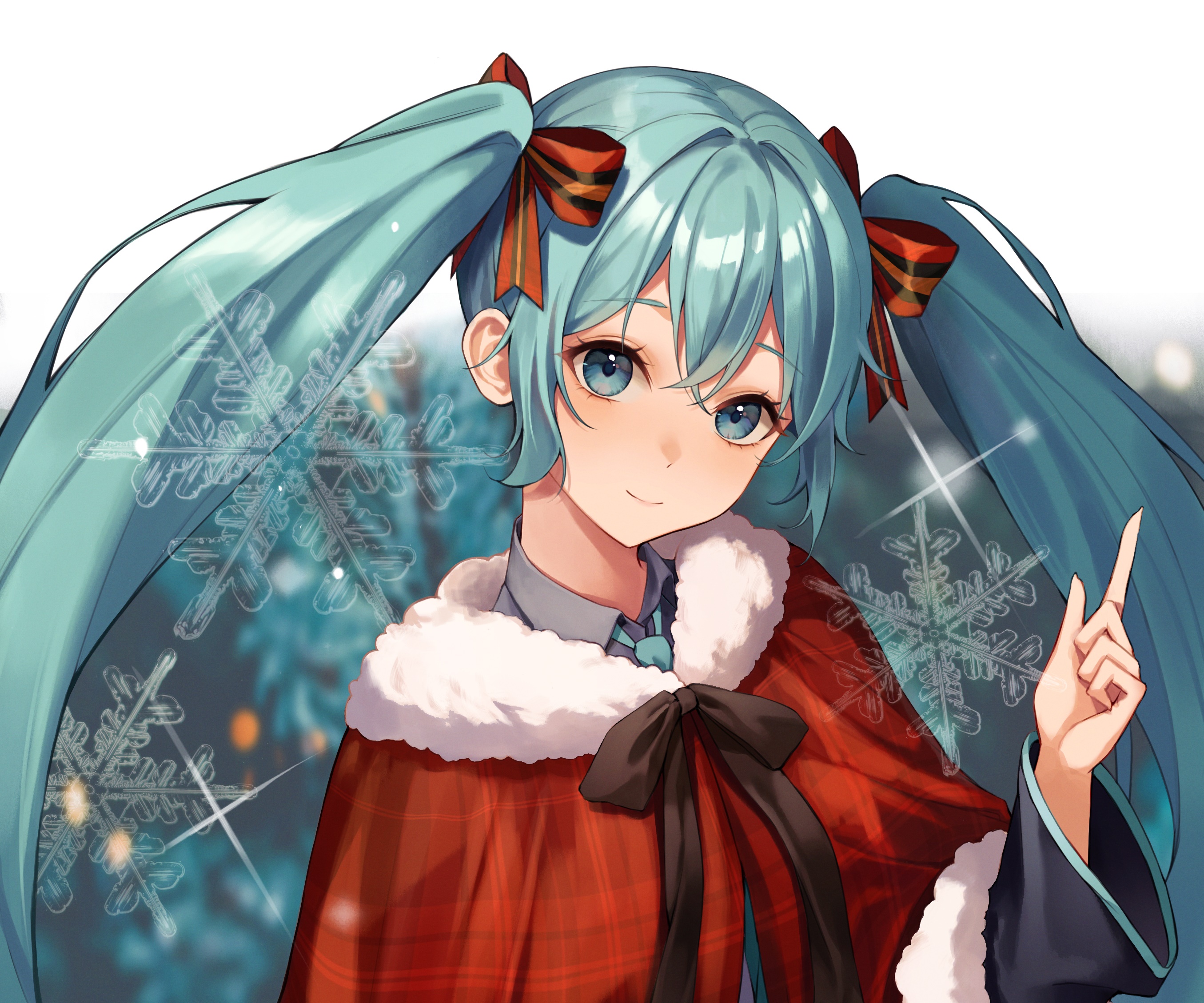 Hatsune Miku in Christmas Outfit with Snowflakes HD Wallpaper