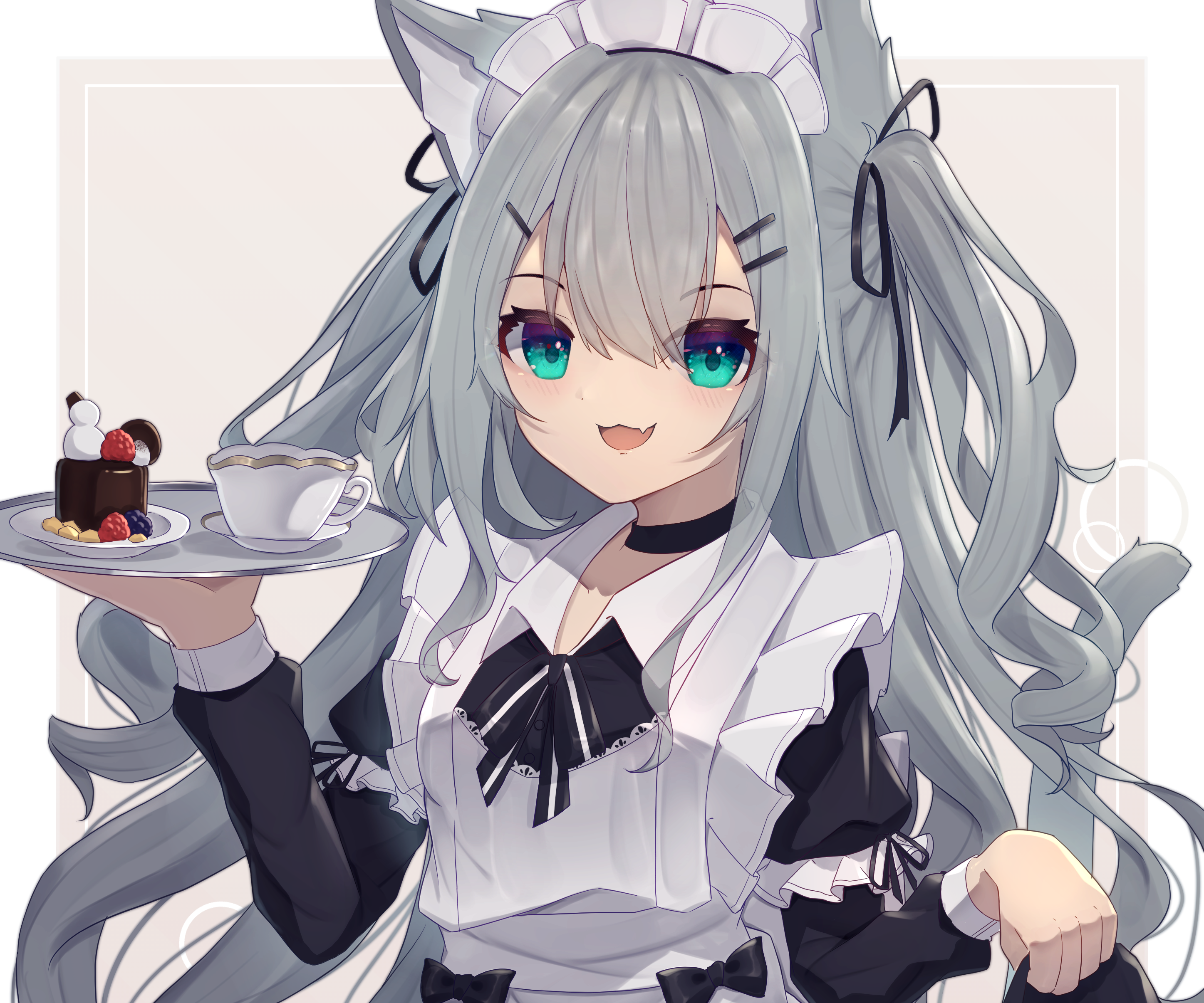 Anime Girl in Maid Outfit Serving Cake and Tea HD Wallpaper