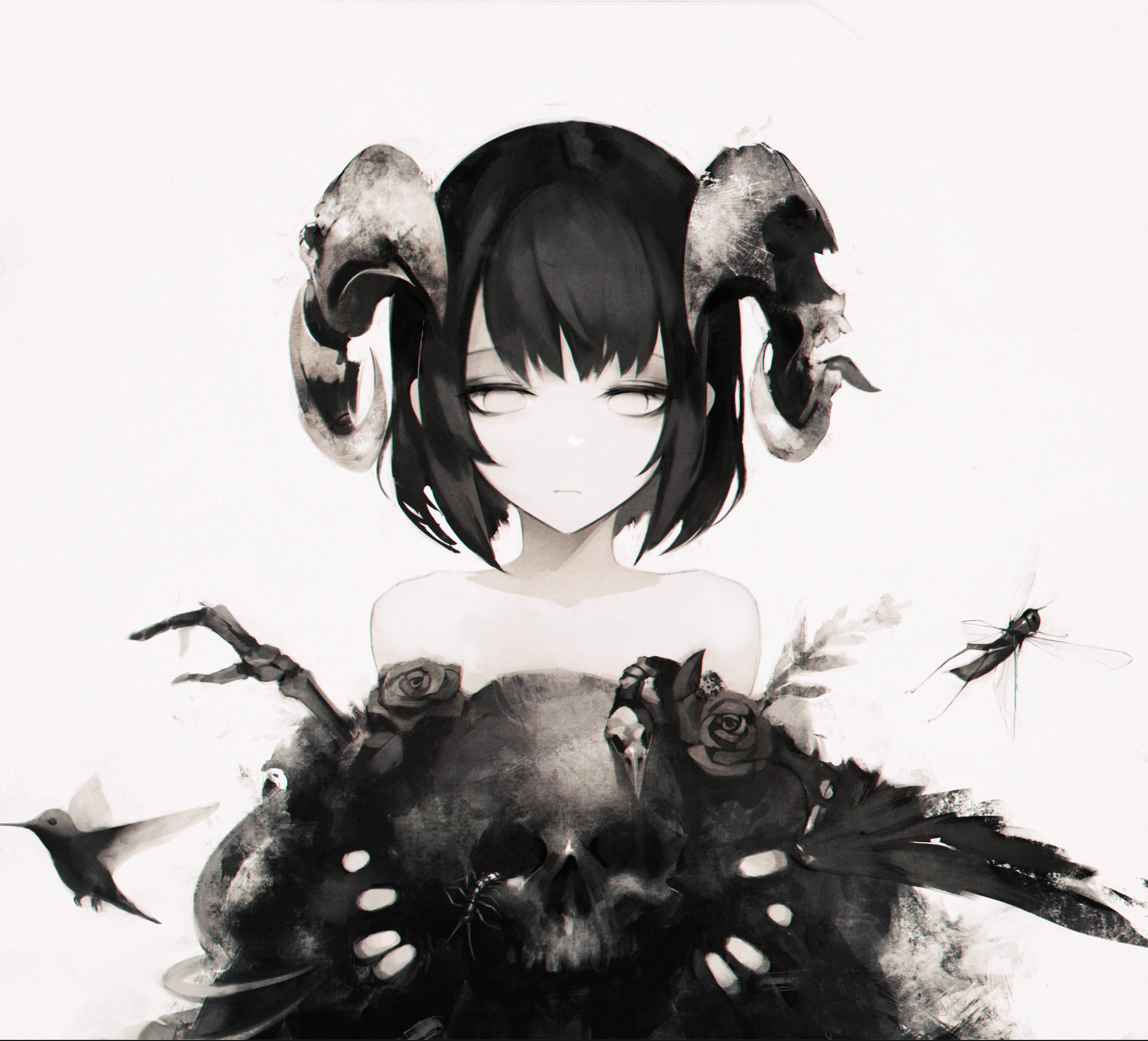Demon girl with horns holding a skull HD Wallpaper