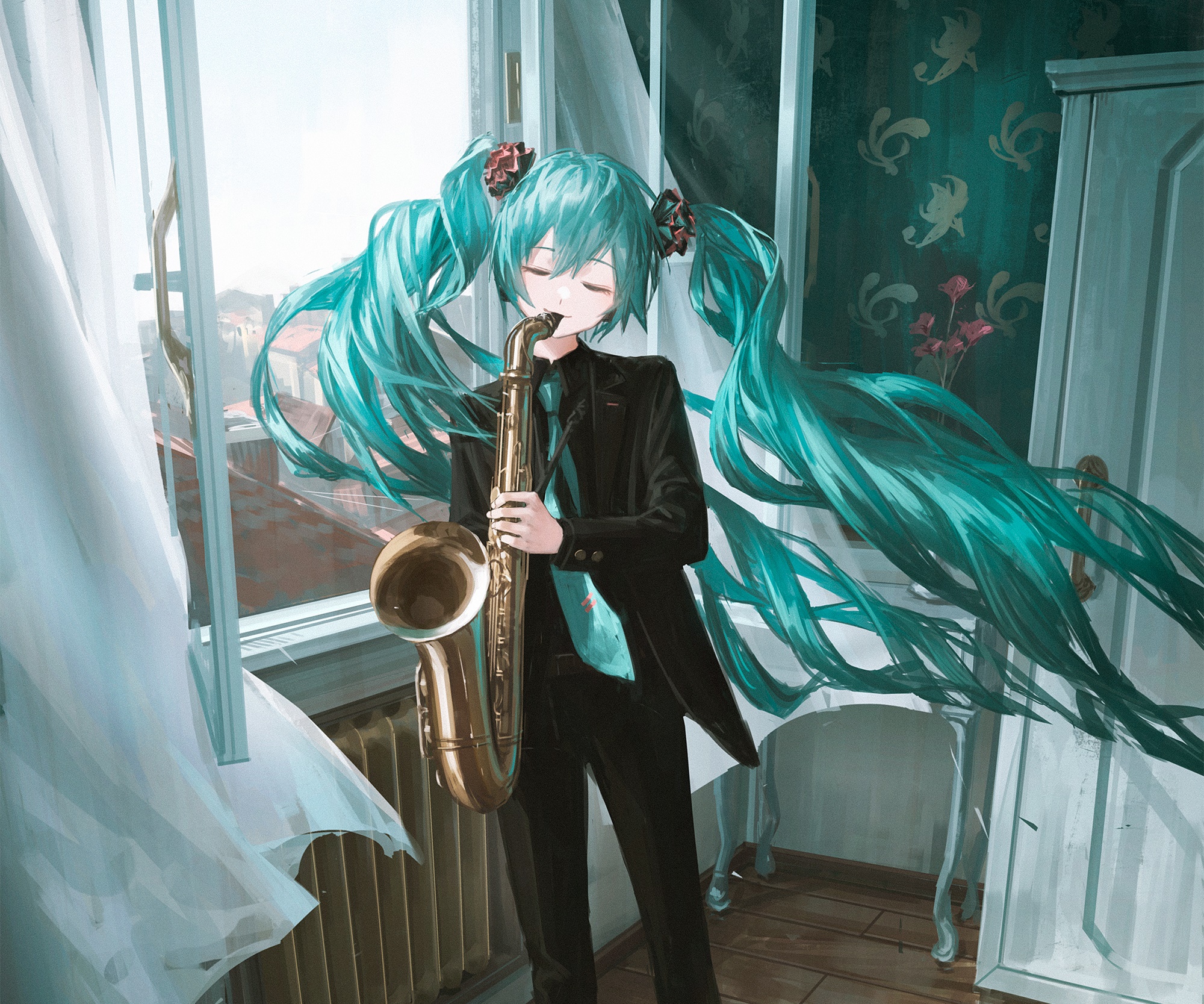 Hatsune Miku playing saxophone by the window HD Wallpaper