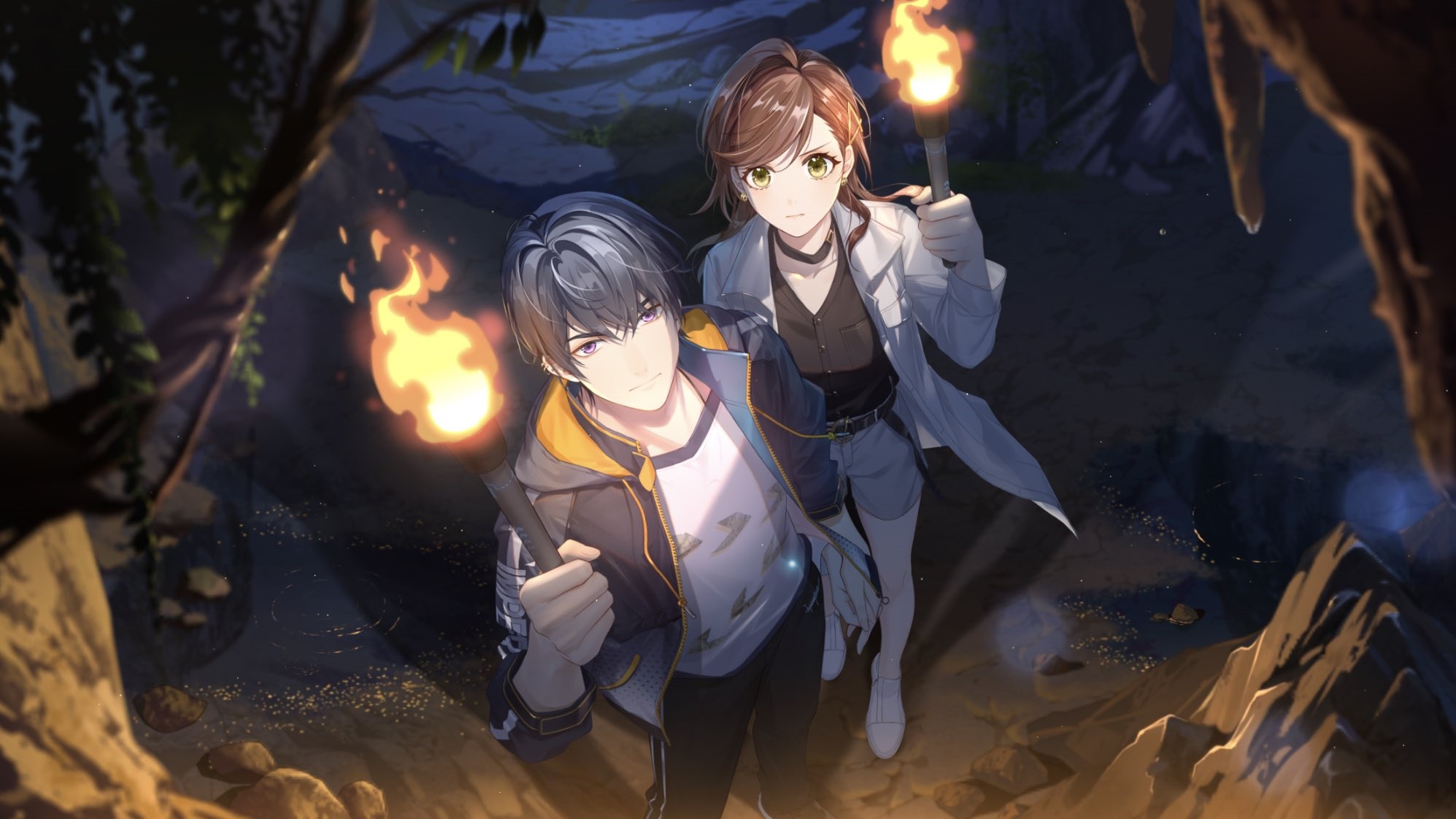 Rosa and Izumi Kei exploring a cave with torches HD Wallpaper