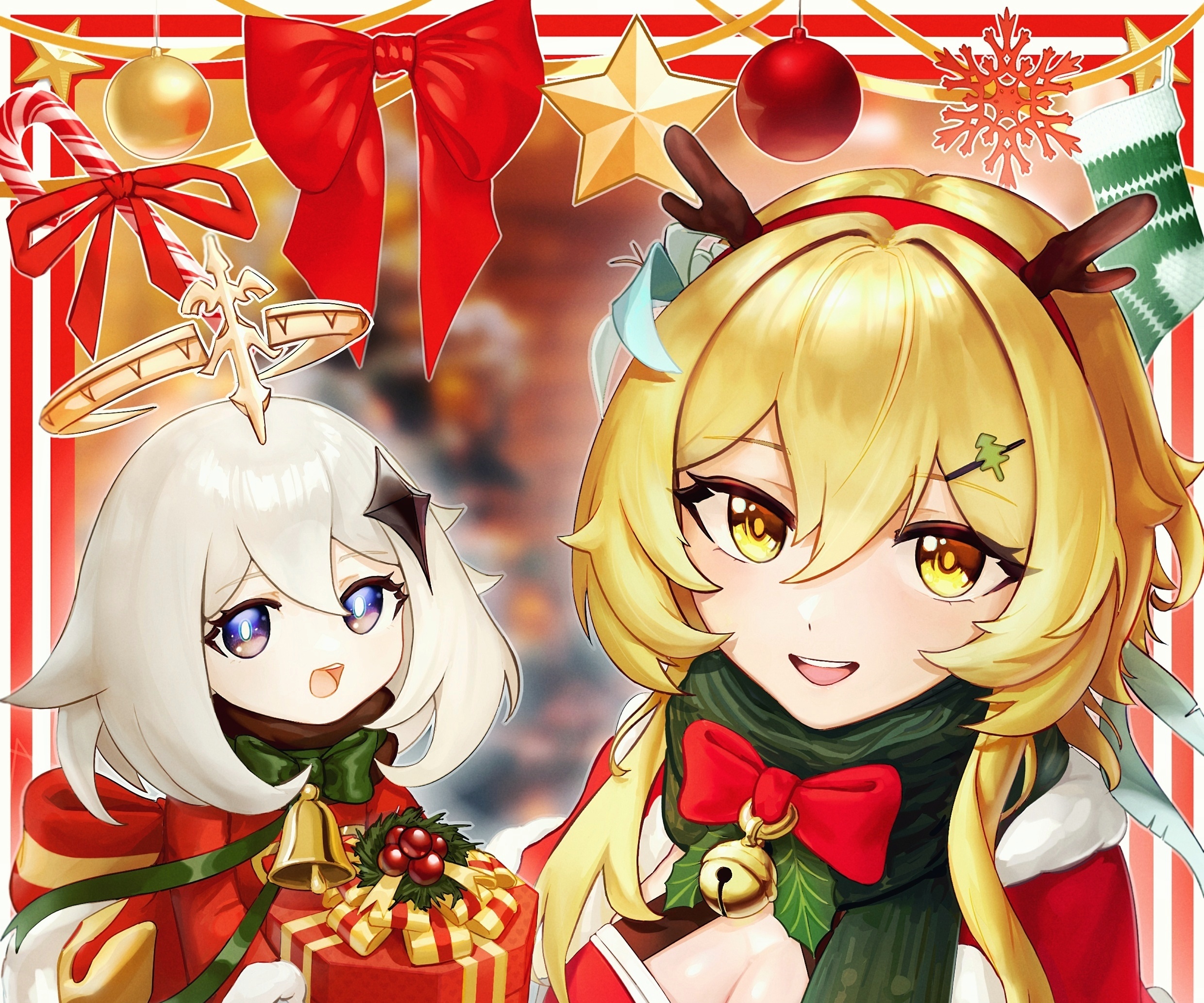 Lumine and Paimon from Genshin Impact in Christmas Outfits HD Wallpaper