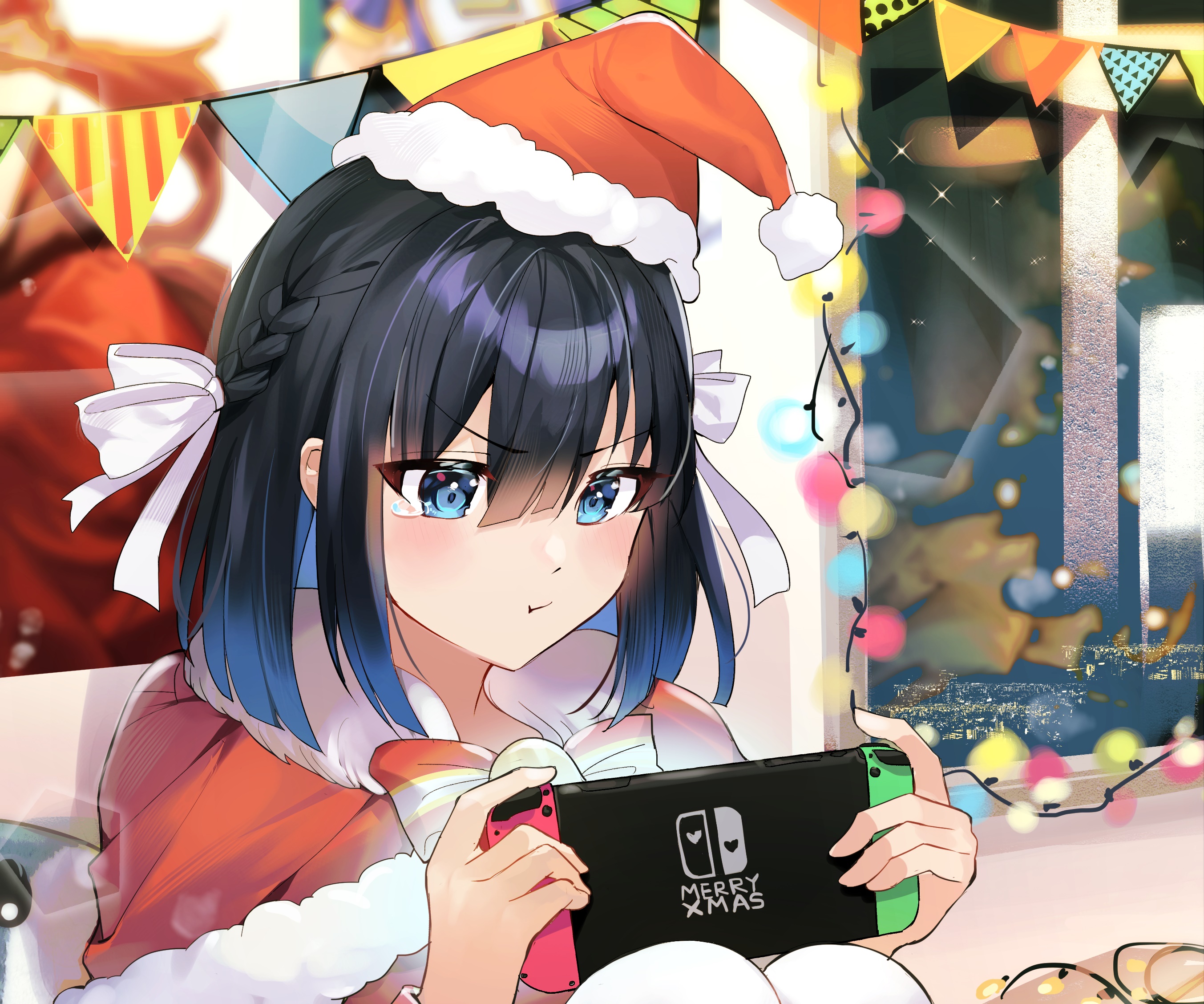 Girl in Santa Hat Playing Nintendo Switch HD Wallpaper