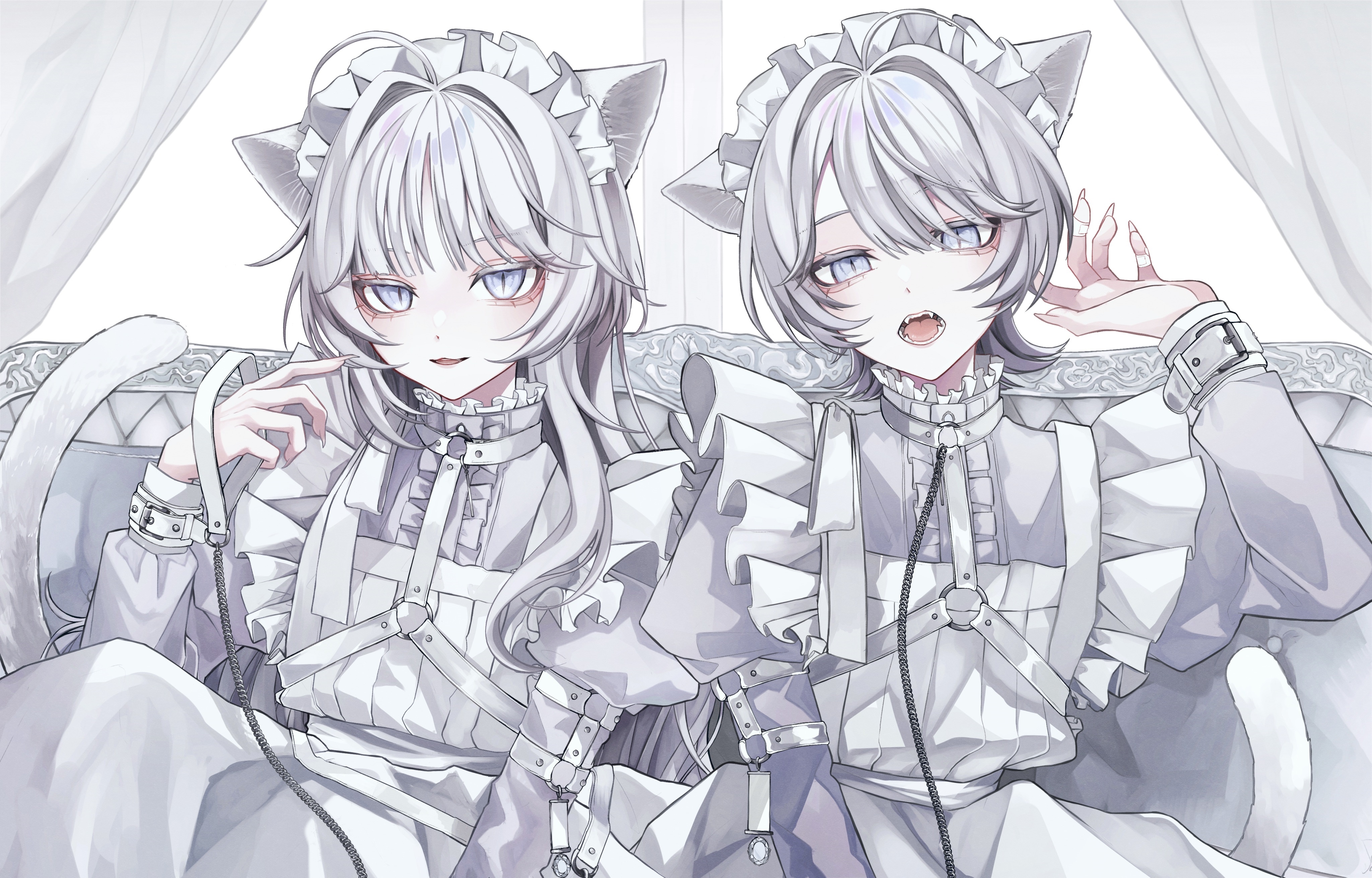 Two cat-eared girls in maid outfits HD Wallpaper