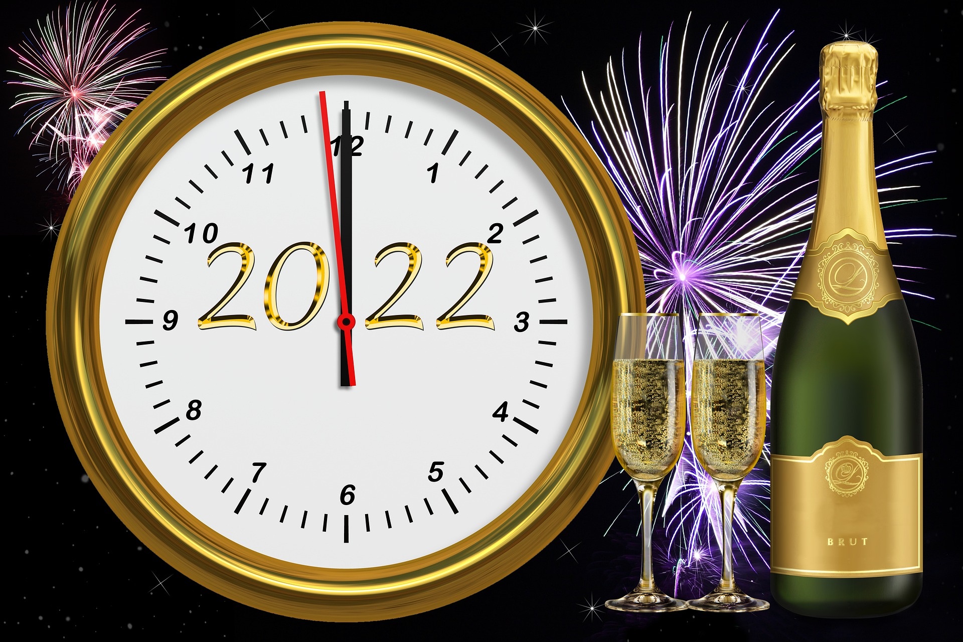 2022 New Year's Eve Countdown Clock with Champagne and Fireworks HD Wallpaper