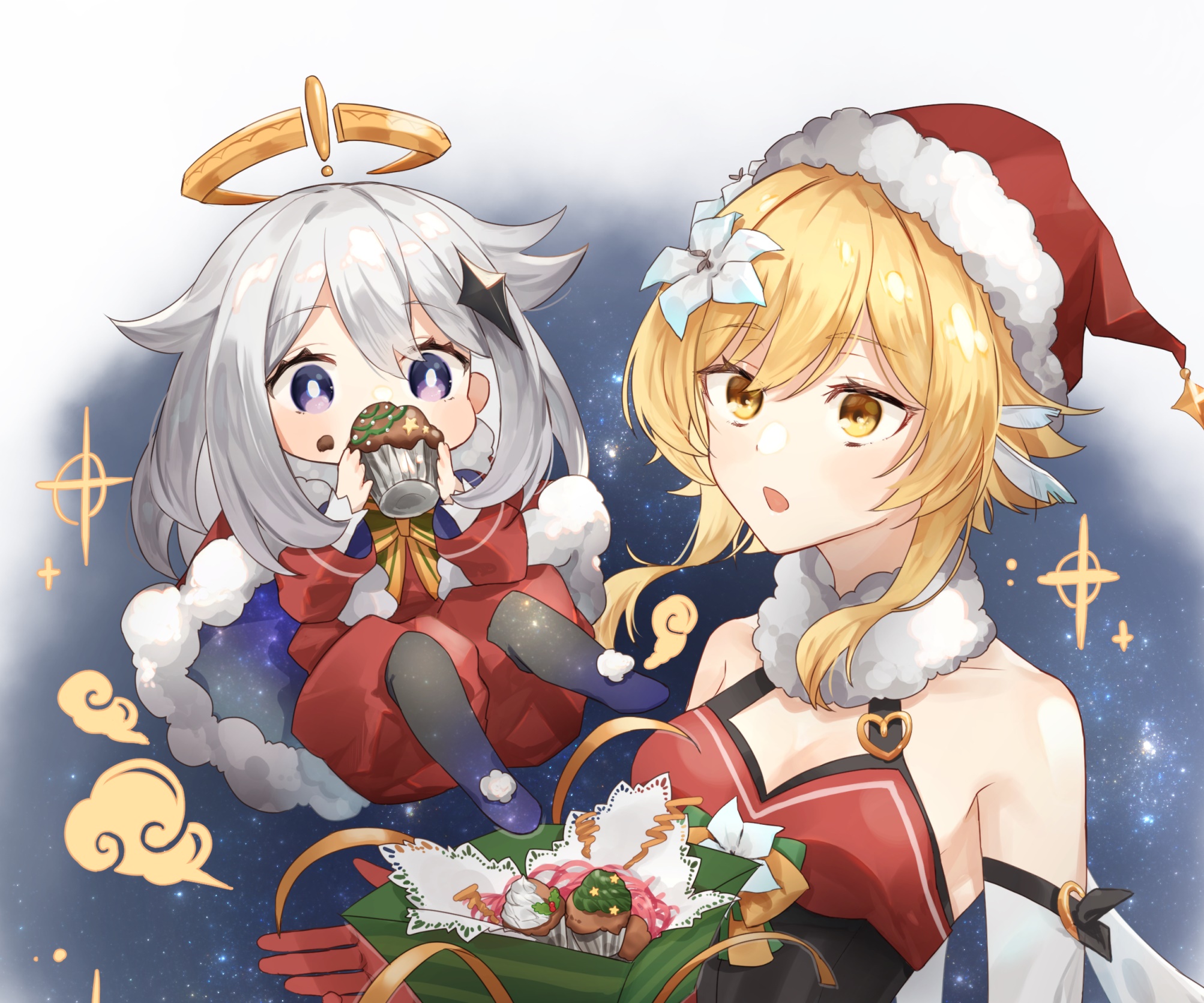 Paimon and Lumine from Genshin Impact with cupcakes HD Wallpaper