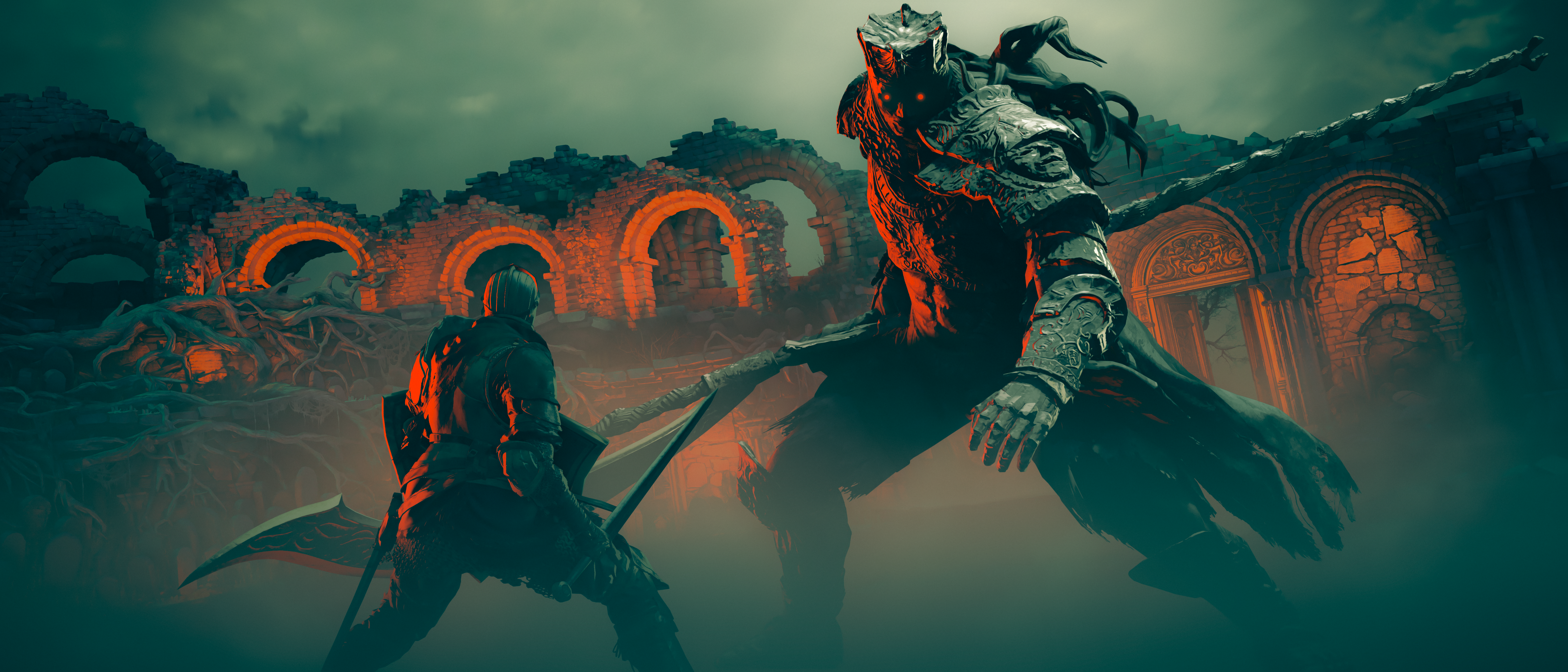 Knight facing a giant demon in Dark Souls III 4K HD Wallpaper
