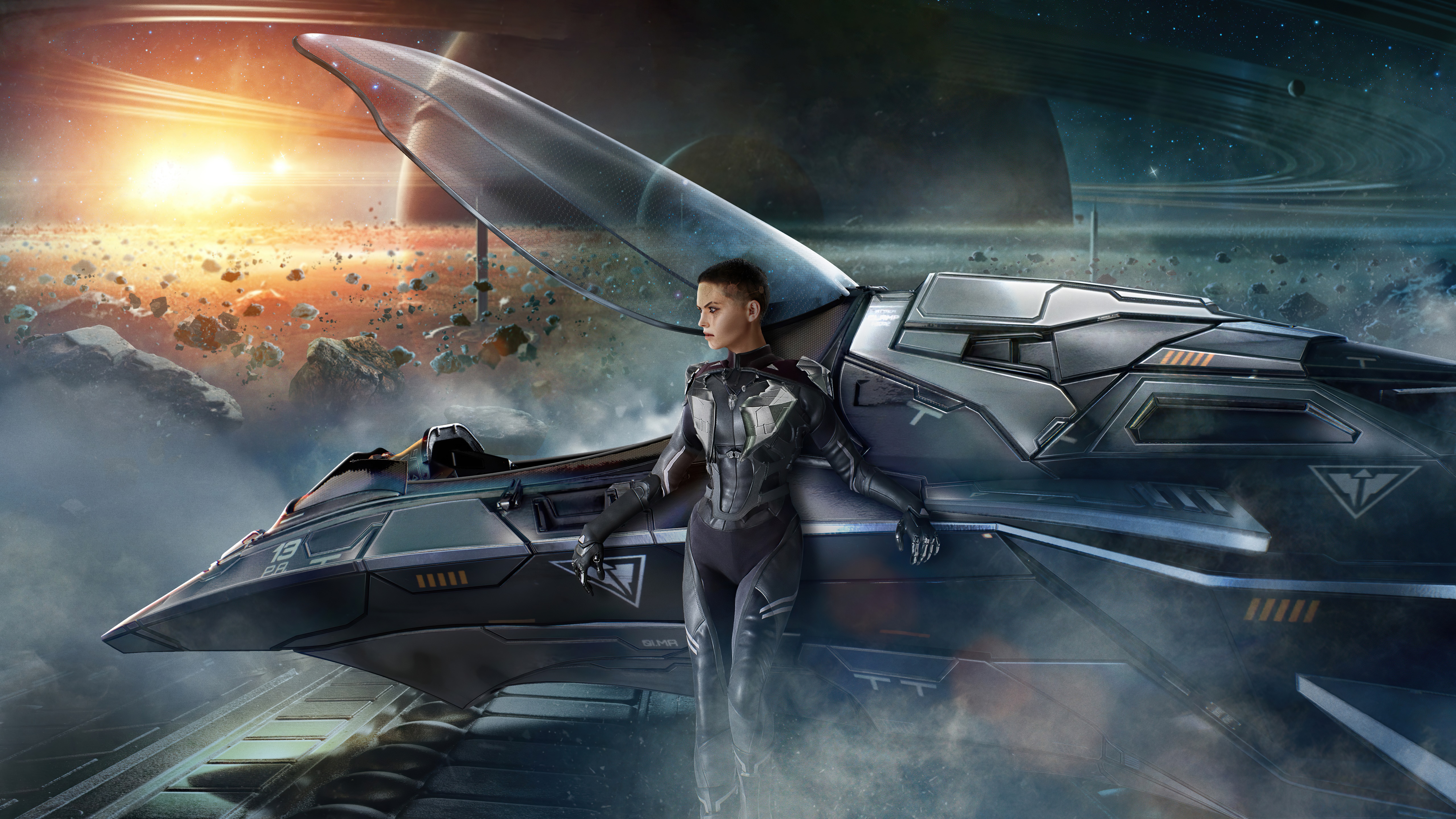 Woman in a Spacesuit by a Spaceship HD Wallpaper