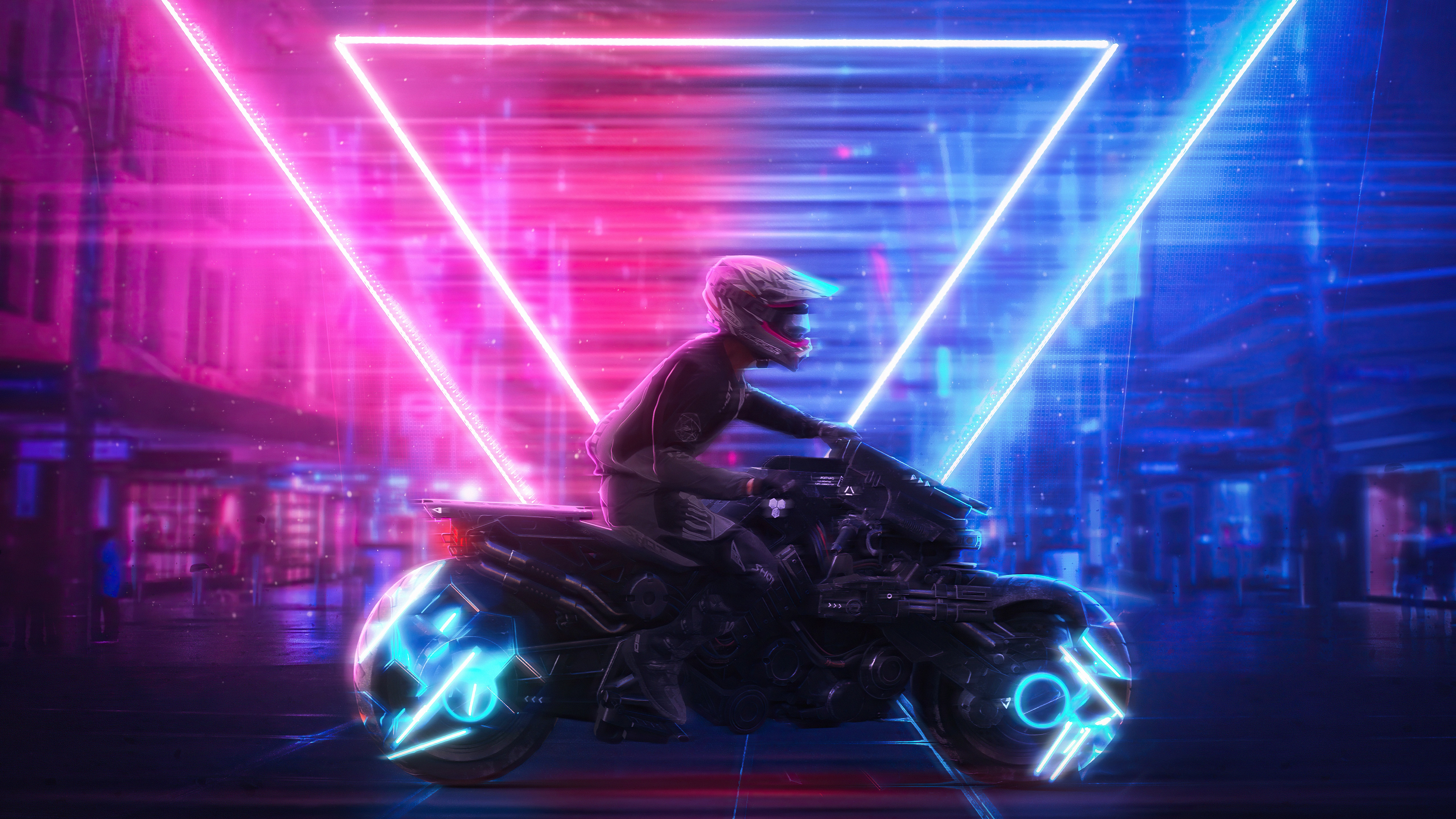 Sci Fi Motorcycle with Neon Triangle Lights 4K HD Wallpaper
