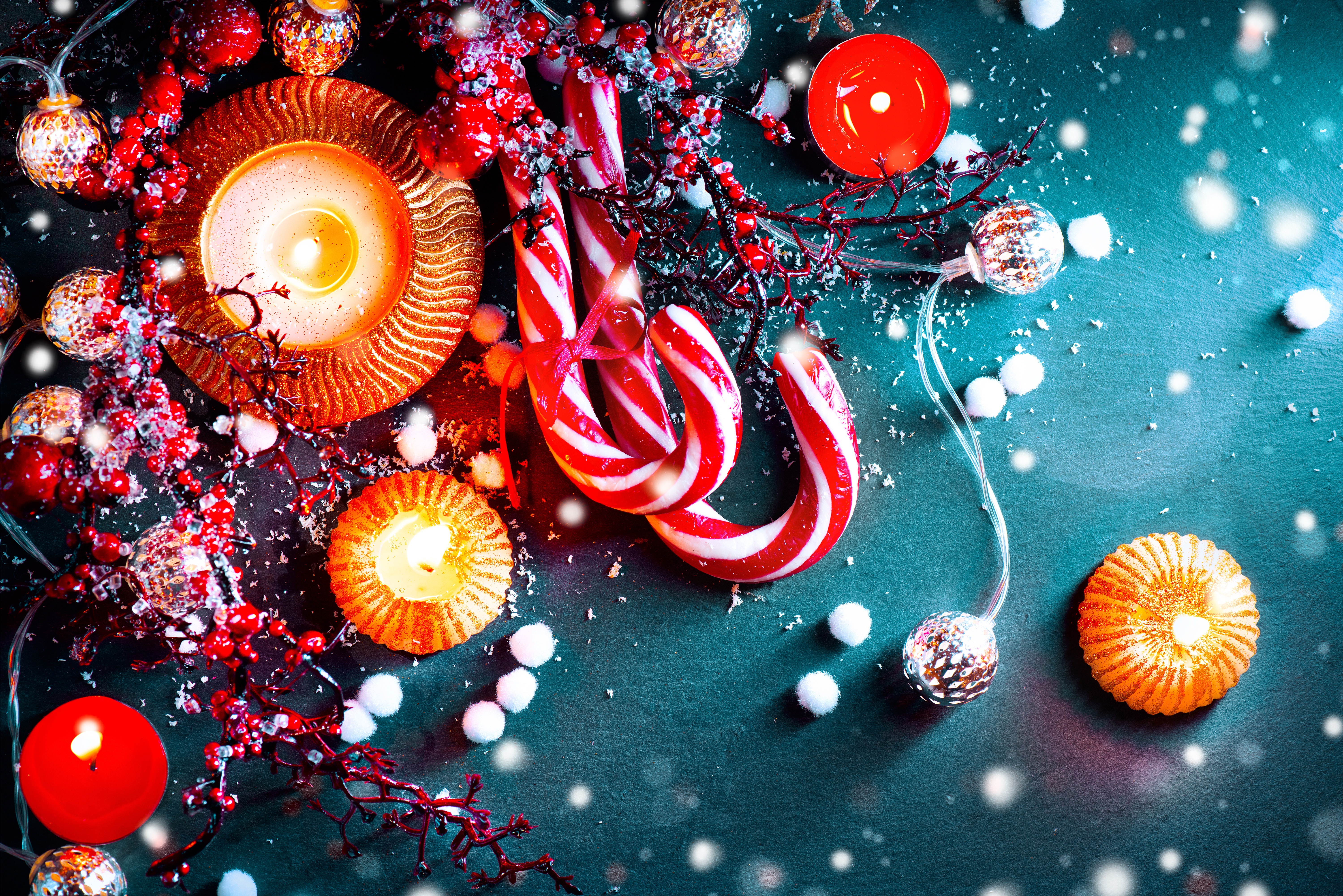 Christmas Decorations with Candles and Candy Canes 4K HD Wallpaper