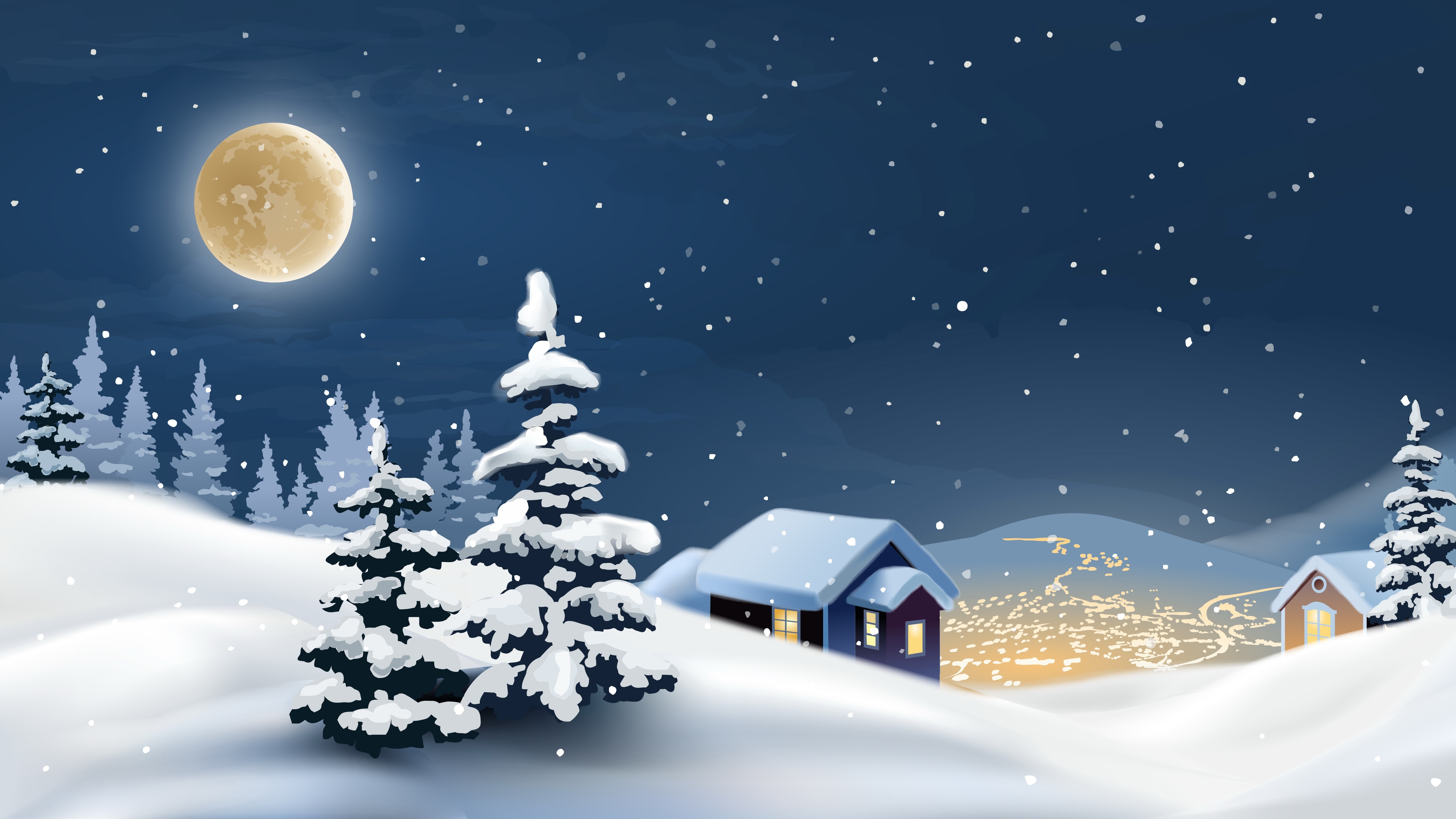 Artistic Winter Night with Snow and Moon HD Wallpaper