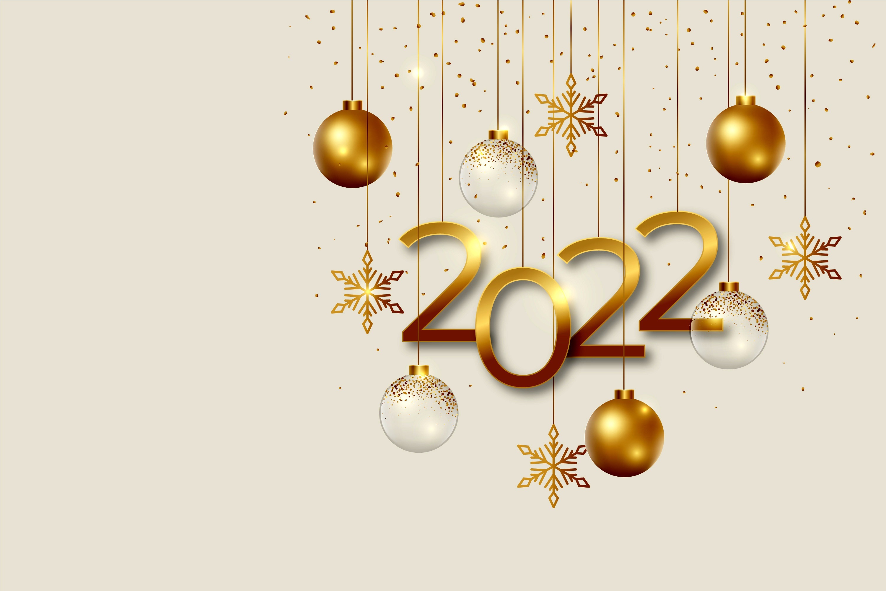 New Year 2022 Golden Ornaments and Snowflakes HD Wallpaper