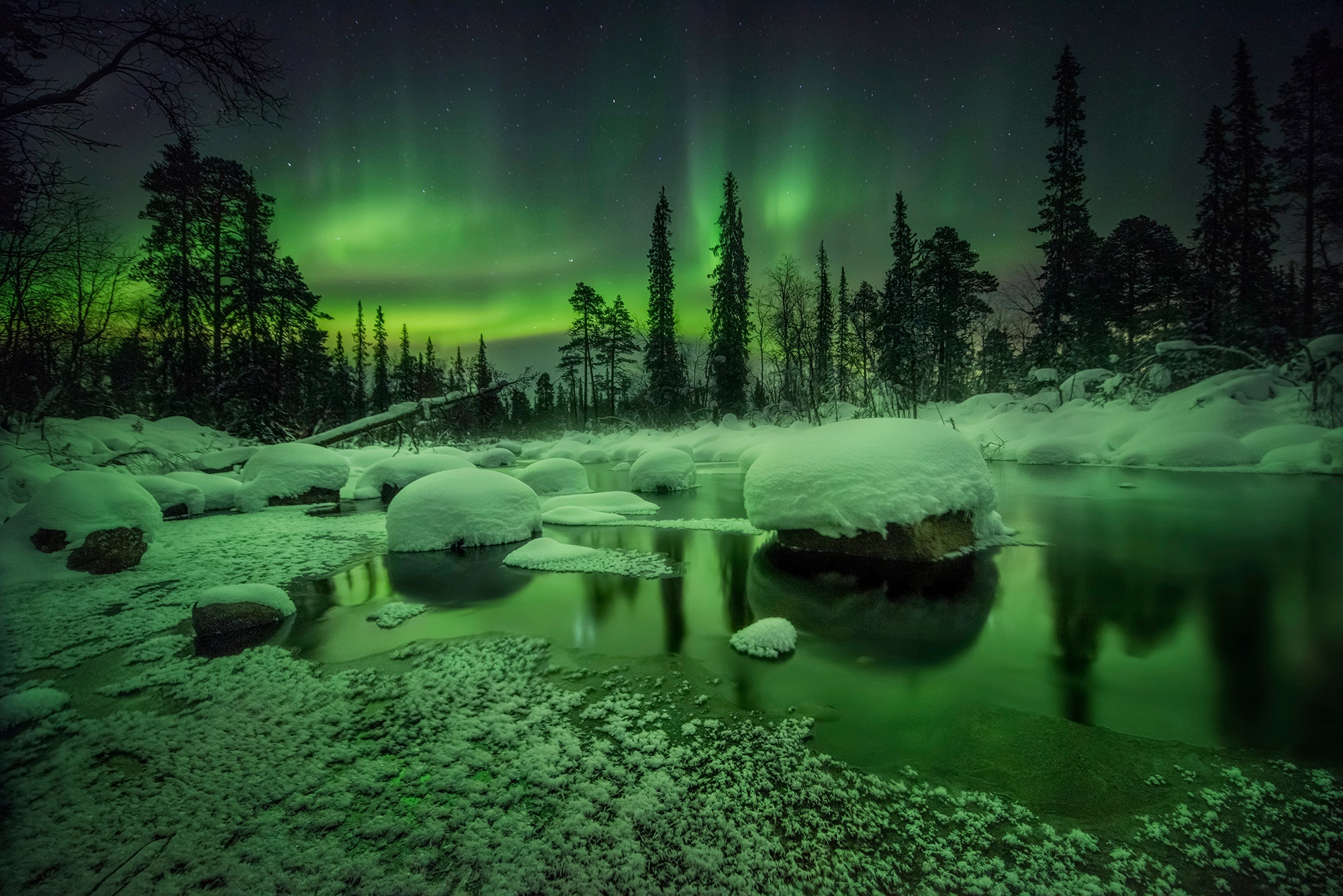 Aurora Borealis over a Snowy Forest and River HD Wallpaper
