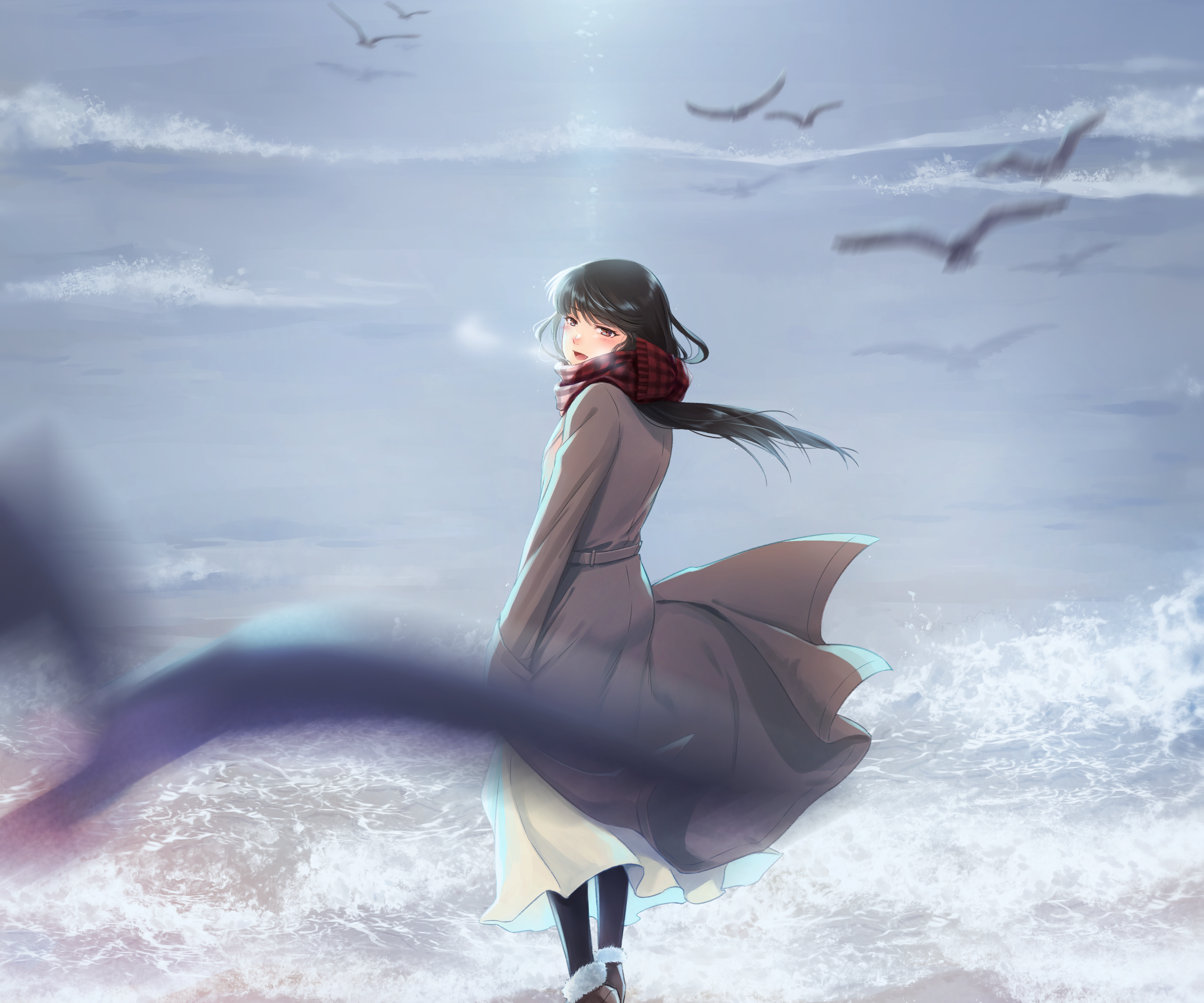 Girl in coat on beach with birds HD Wallpaper