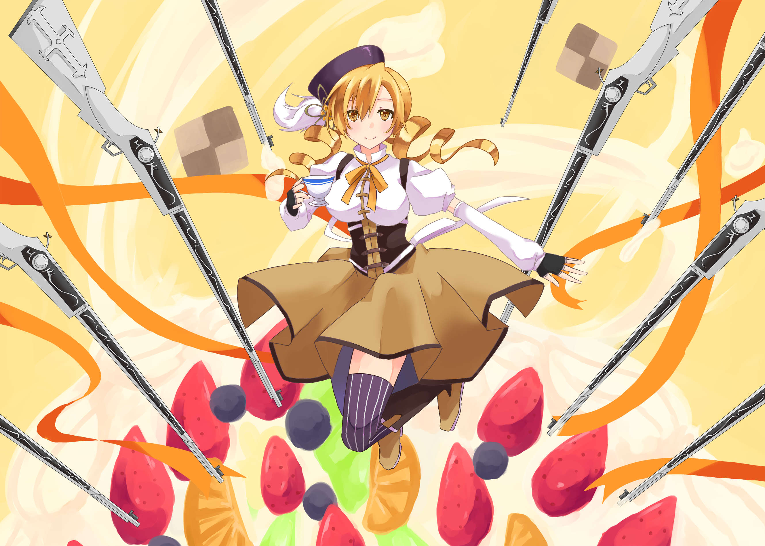 Mami Tomoe from Puella Magi Madoka Magica with guns and fruit HD Wallpaper