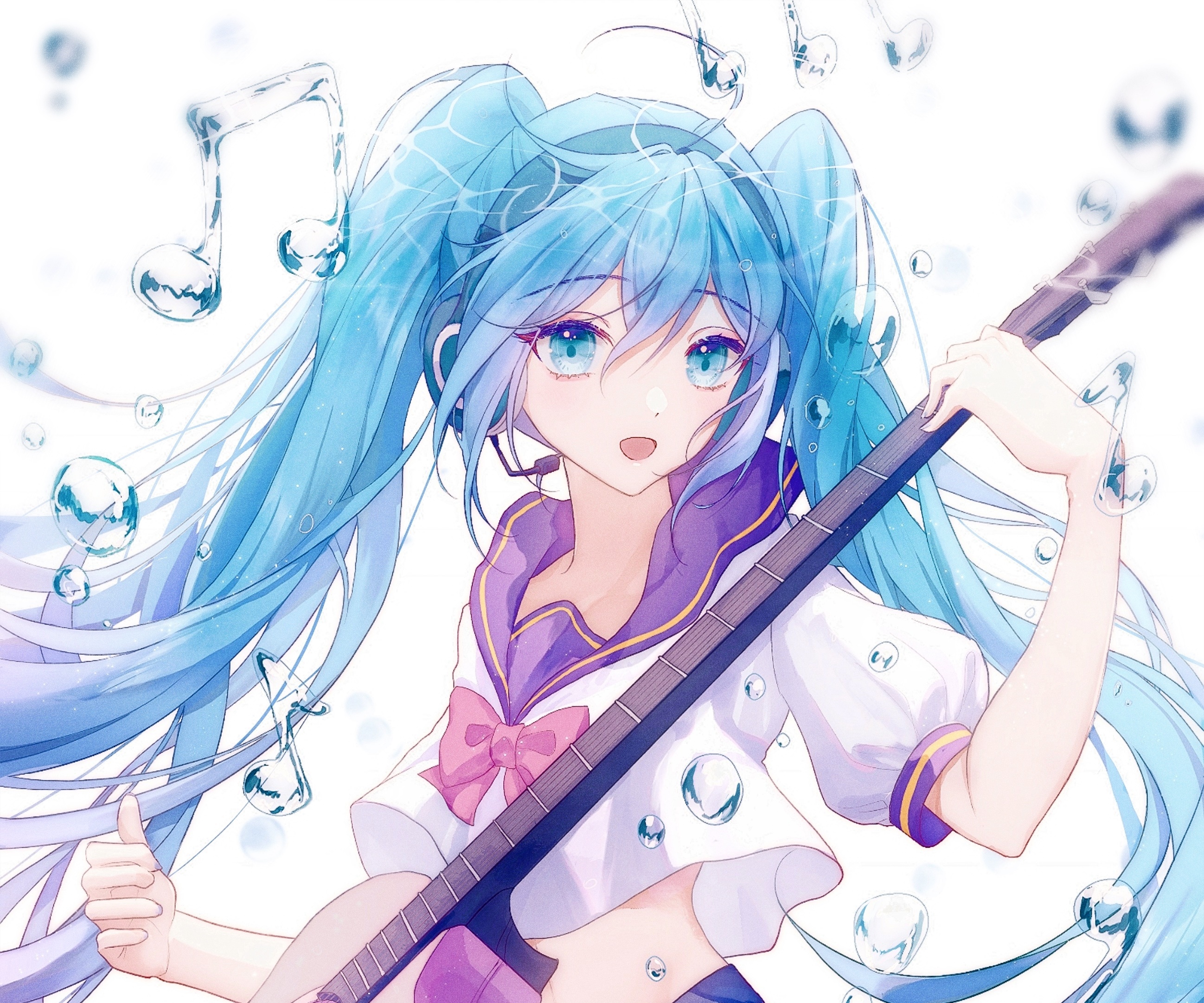 Hatsune Miku playing a guitar with musical notes HD Wallpaper