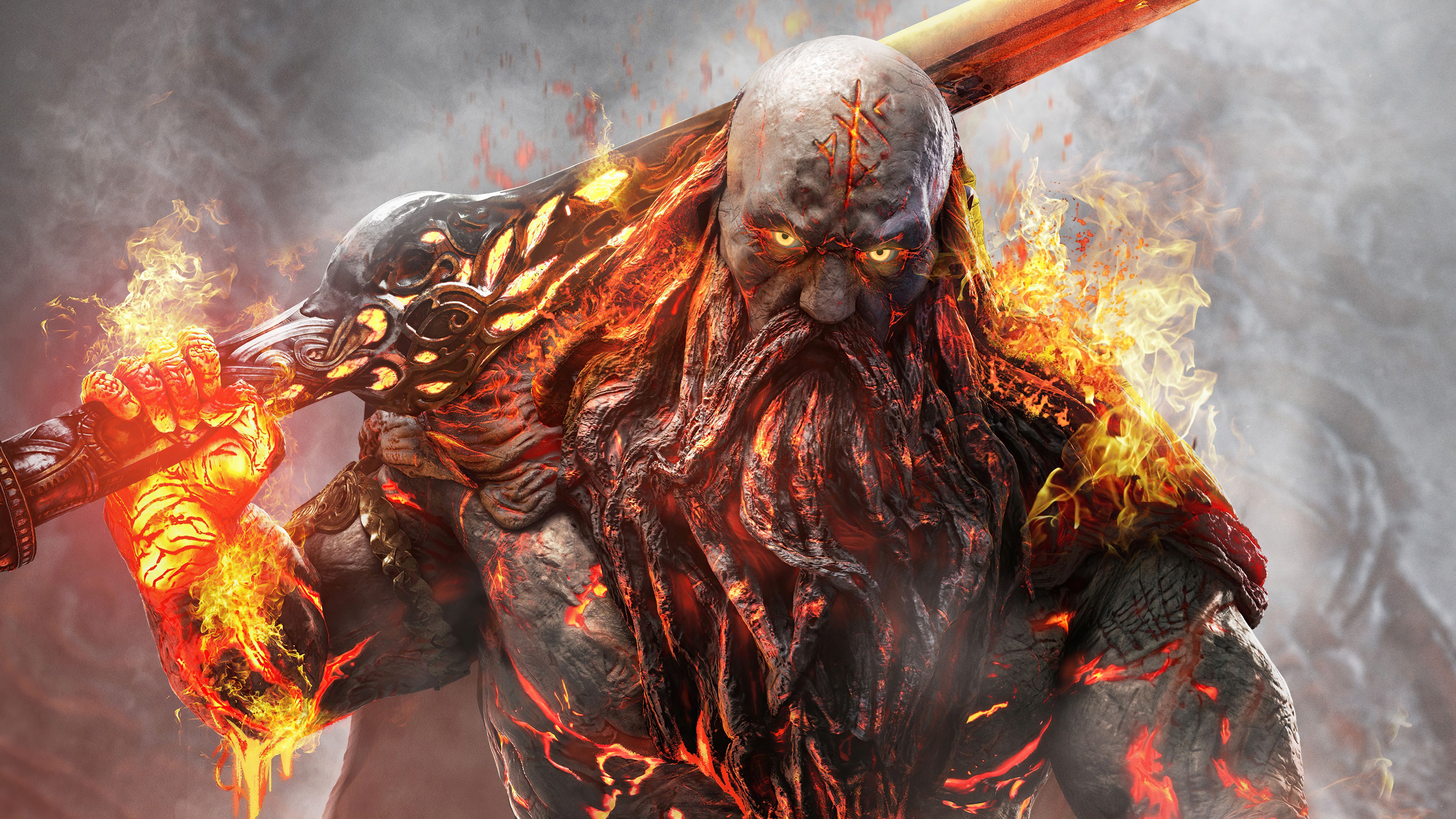 Fiery warrior with a large sword HD Wallpaper
