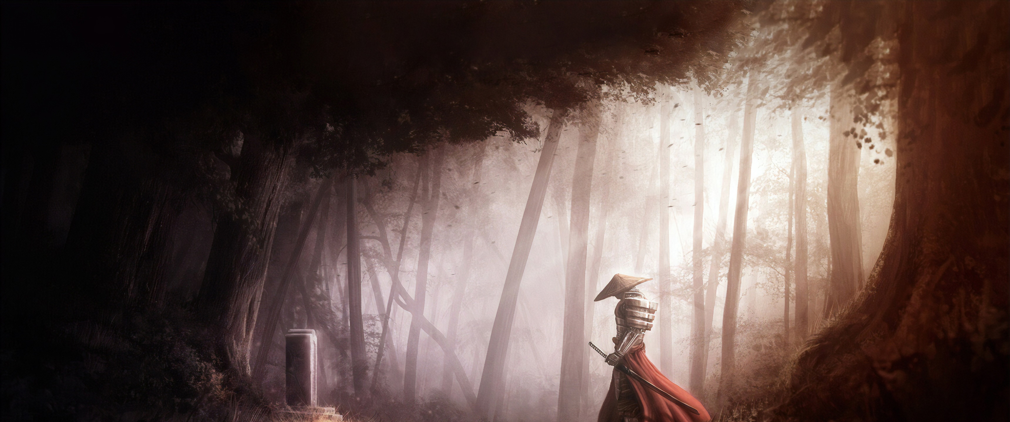 Samurai warrior in a misty forest HD Wallpaper