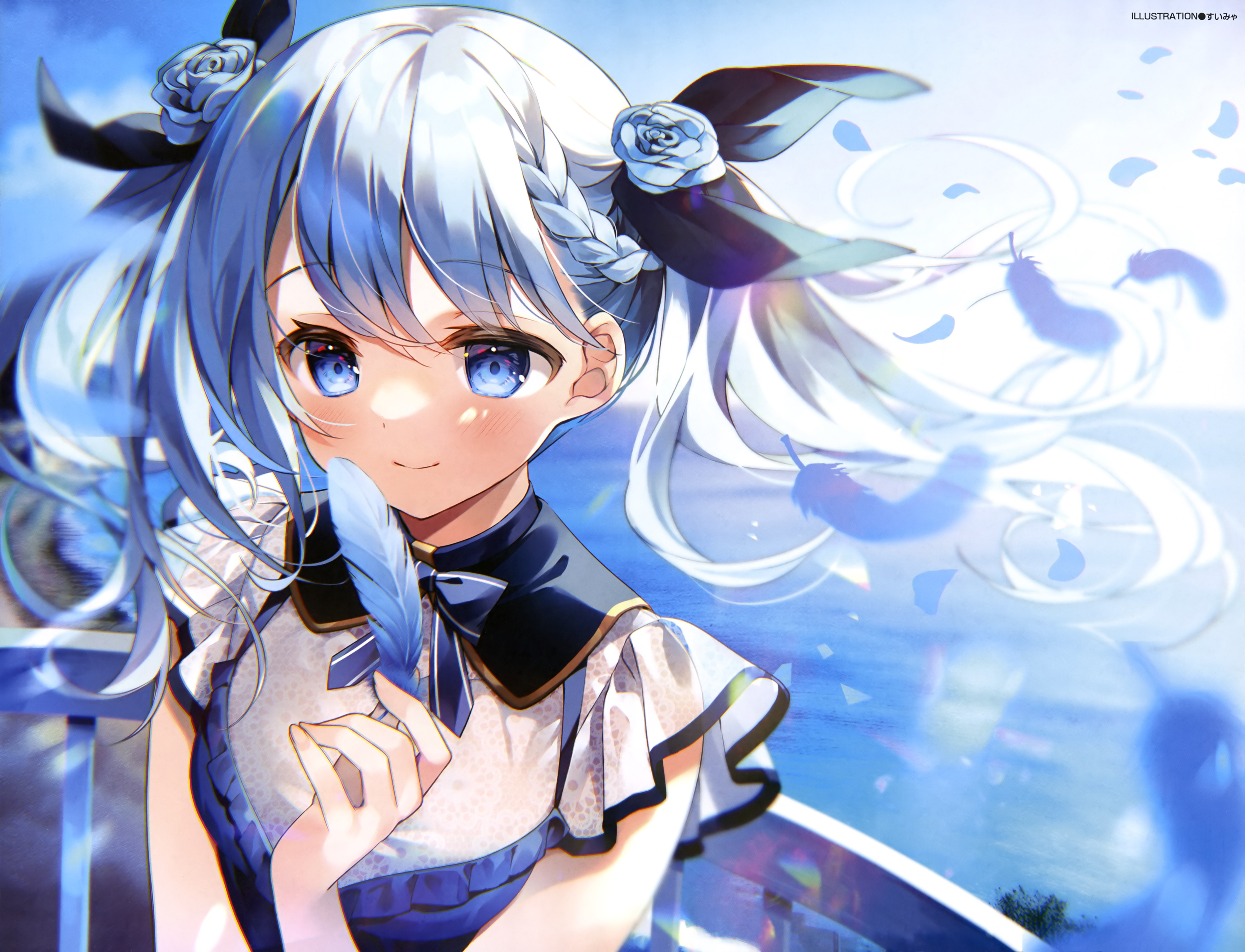 Girl with blue eyes and feathers 4K HD Wallpaper