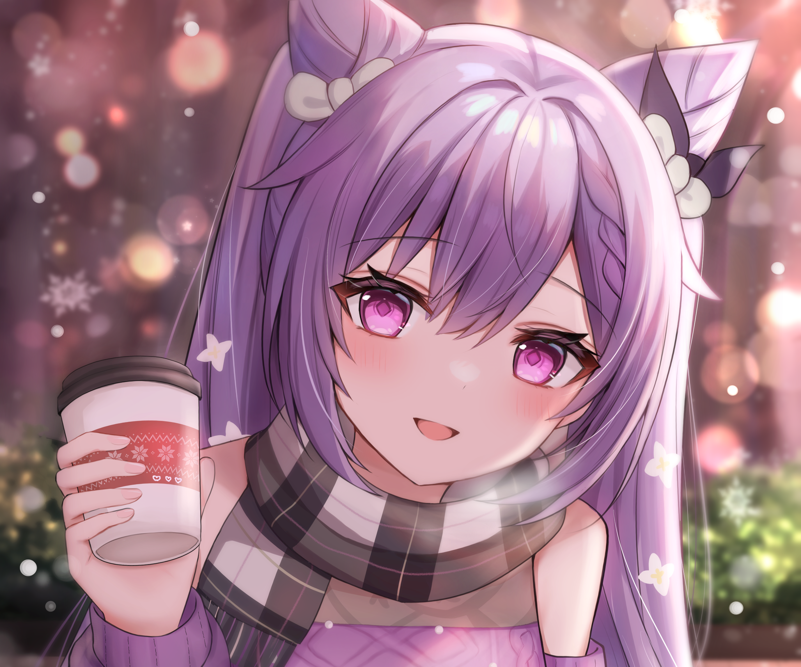 Keqing from Genshin Impact holding a coffee cup HD Wallpaper