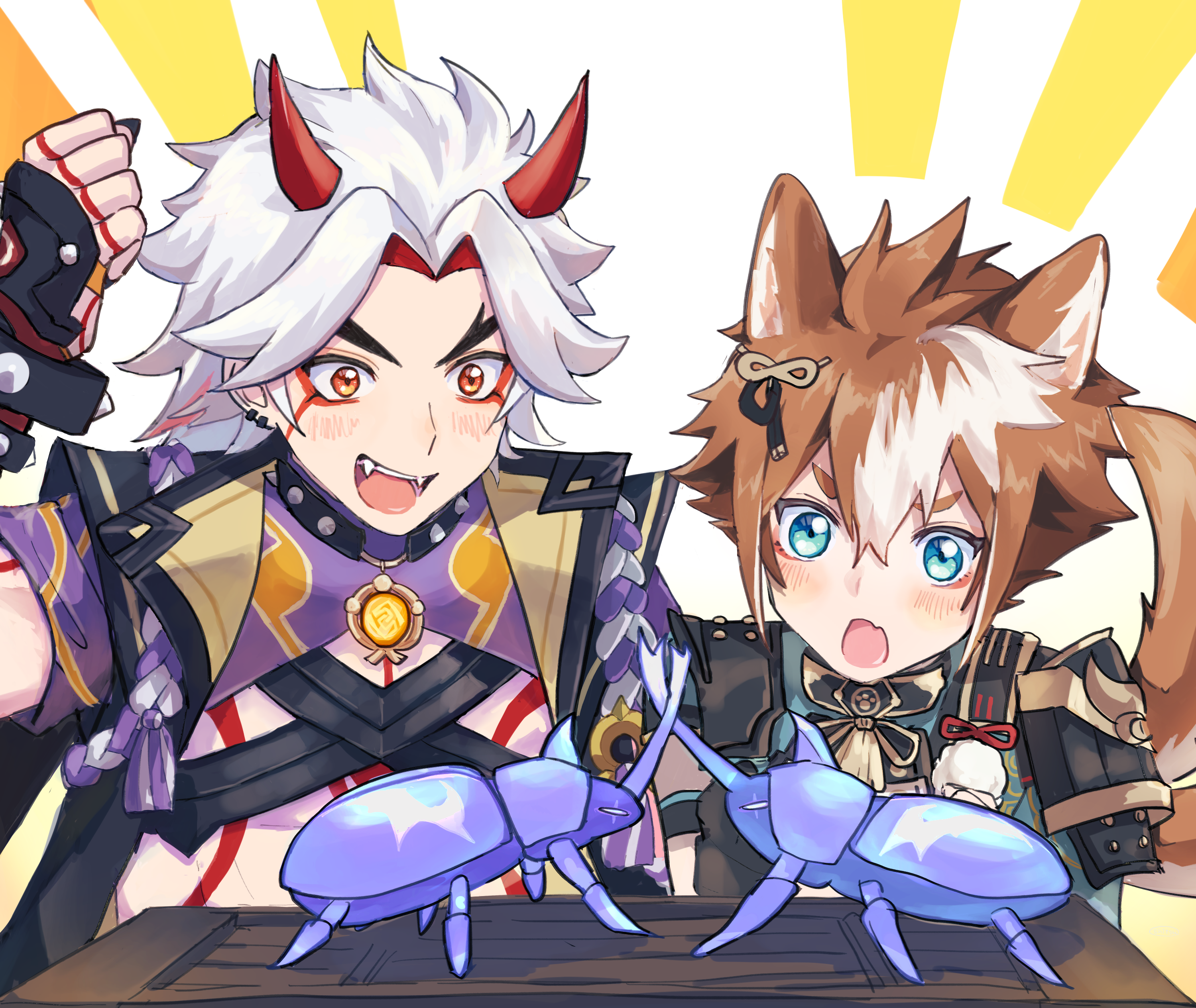 Arataki Itto and Gorou from Genshin Impact with beetles HD Wallpaper