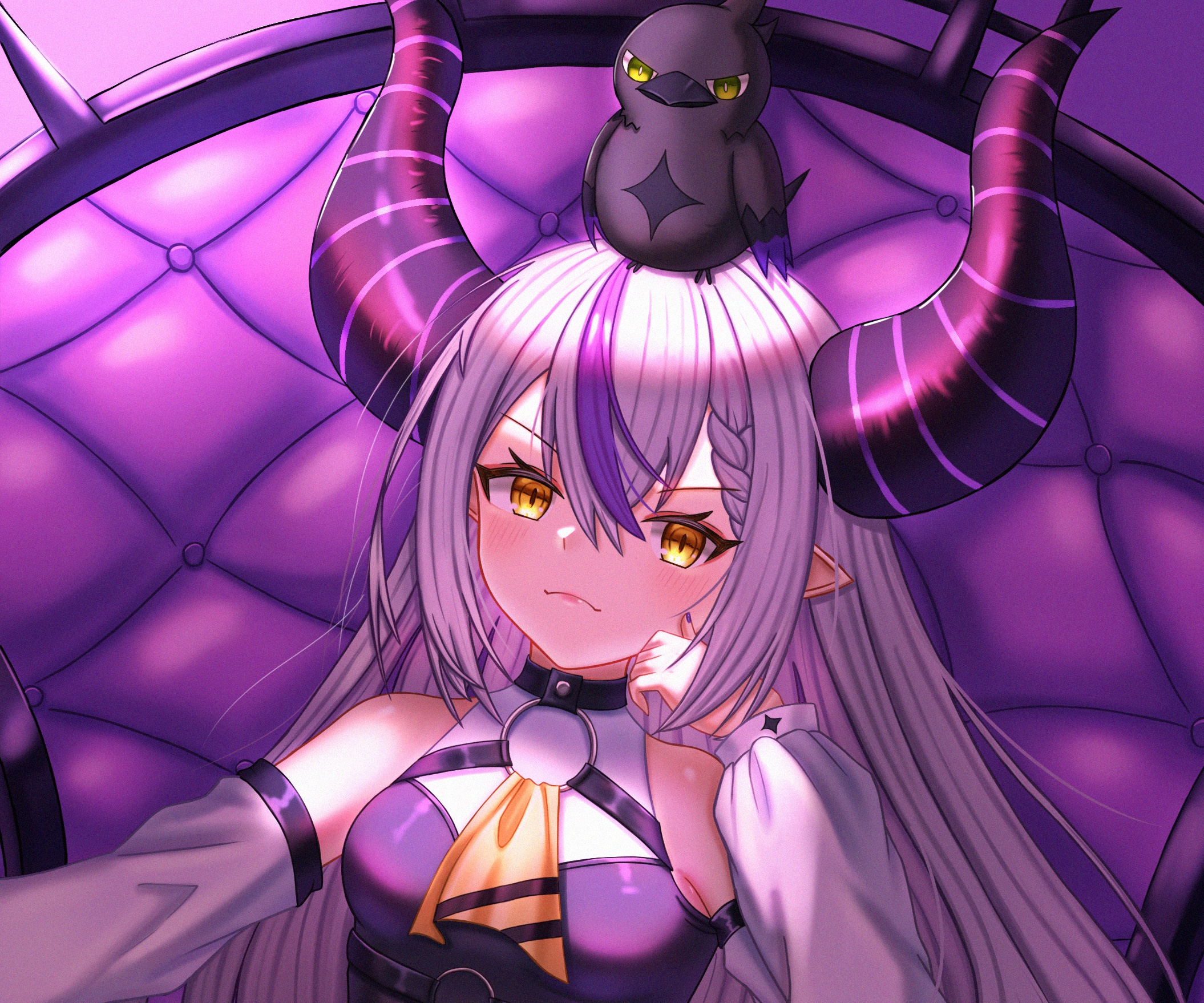 La+ Darknesss from Hololive with a bird on her head HD Wallpaper