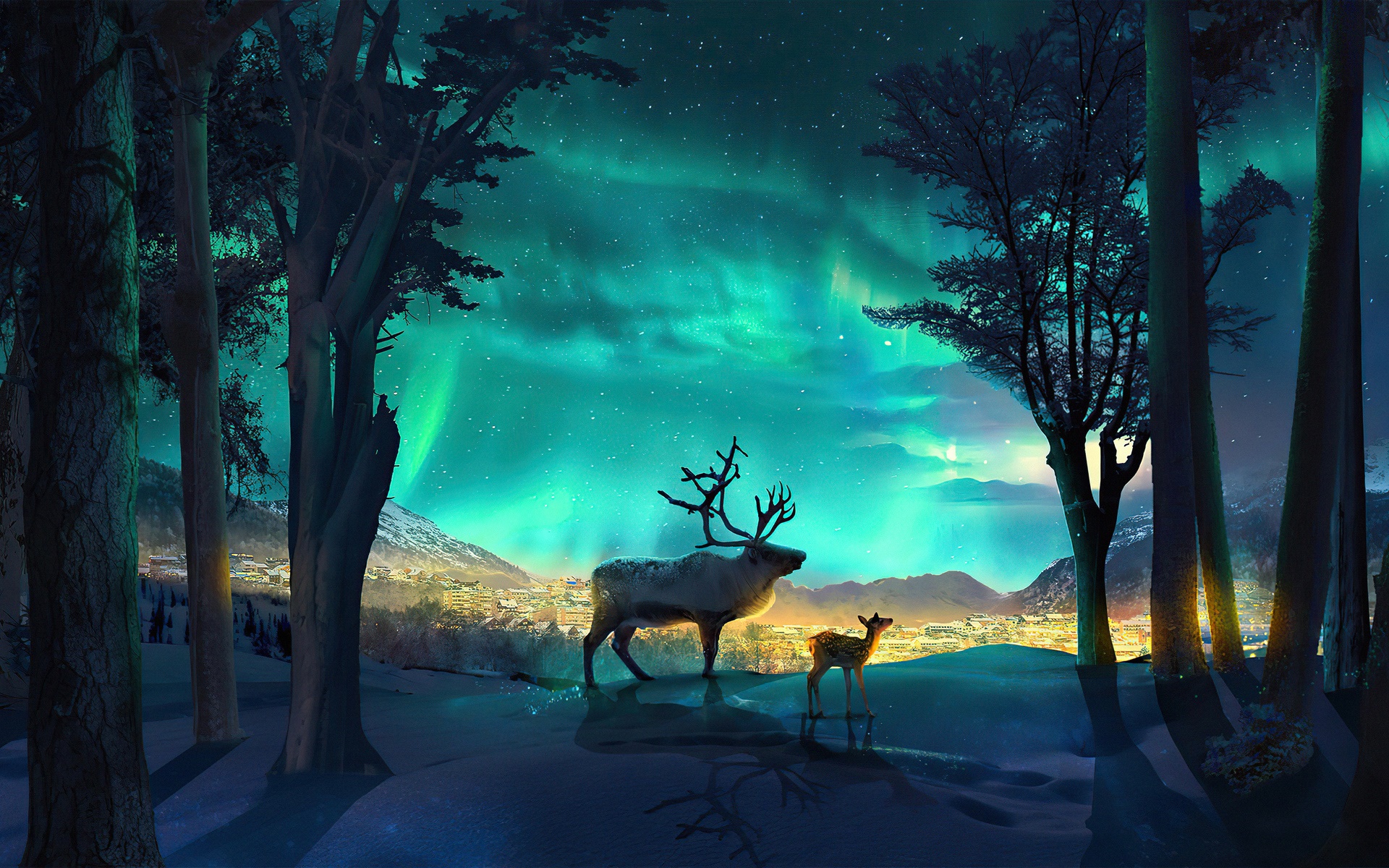 Reindeer and fawn under Aurora Borealis over town HD Wallpaper