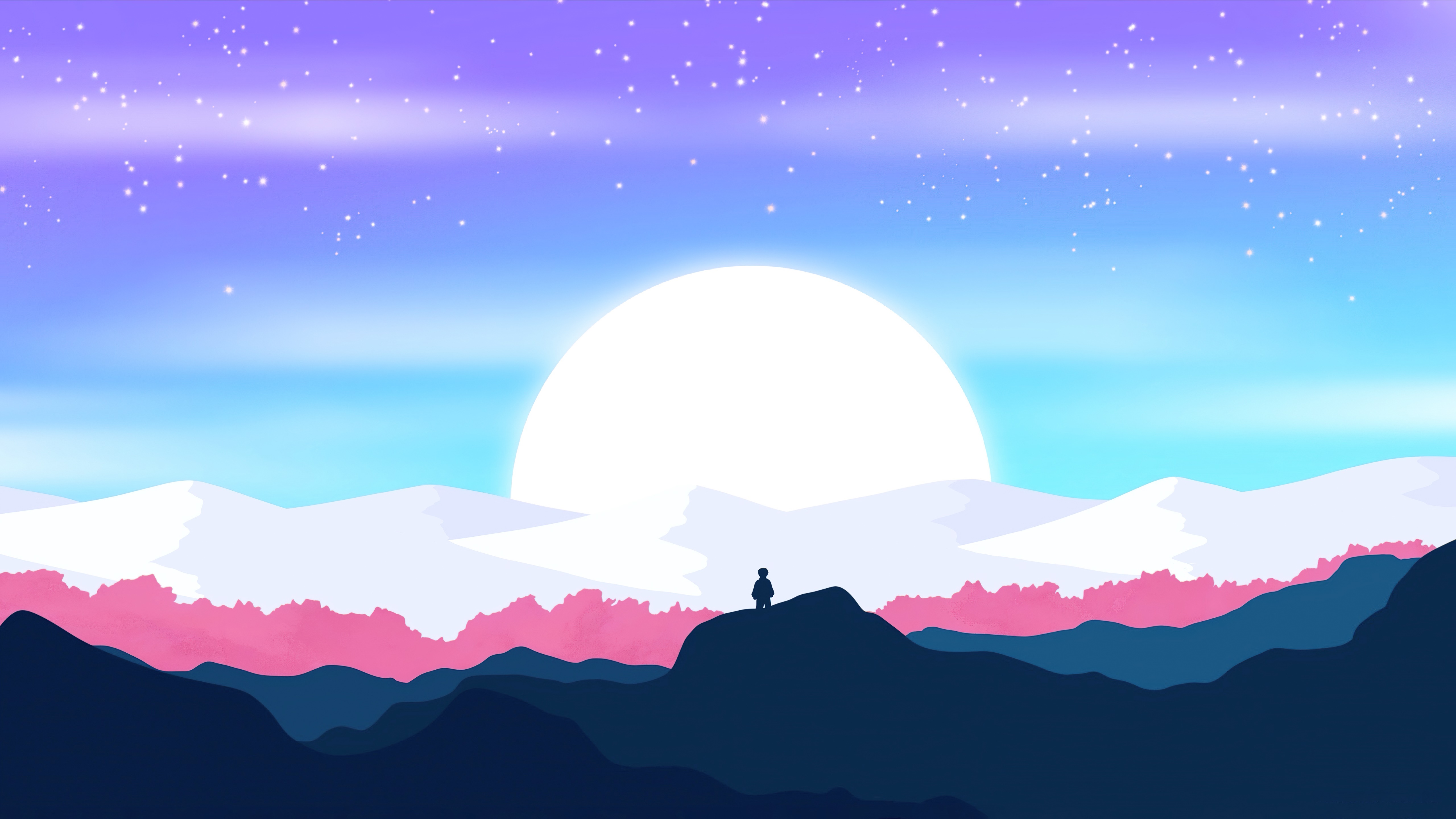 Silhouette of a child on a mountain peak with a large moon HD Wallpaper