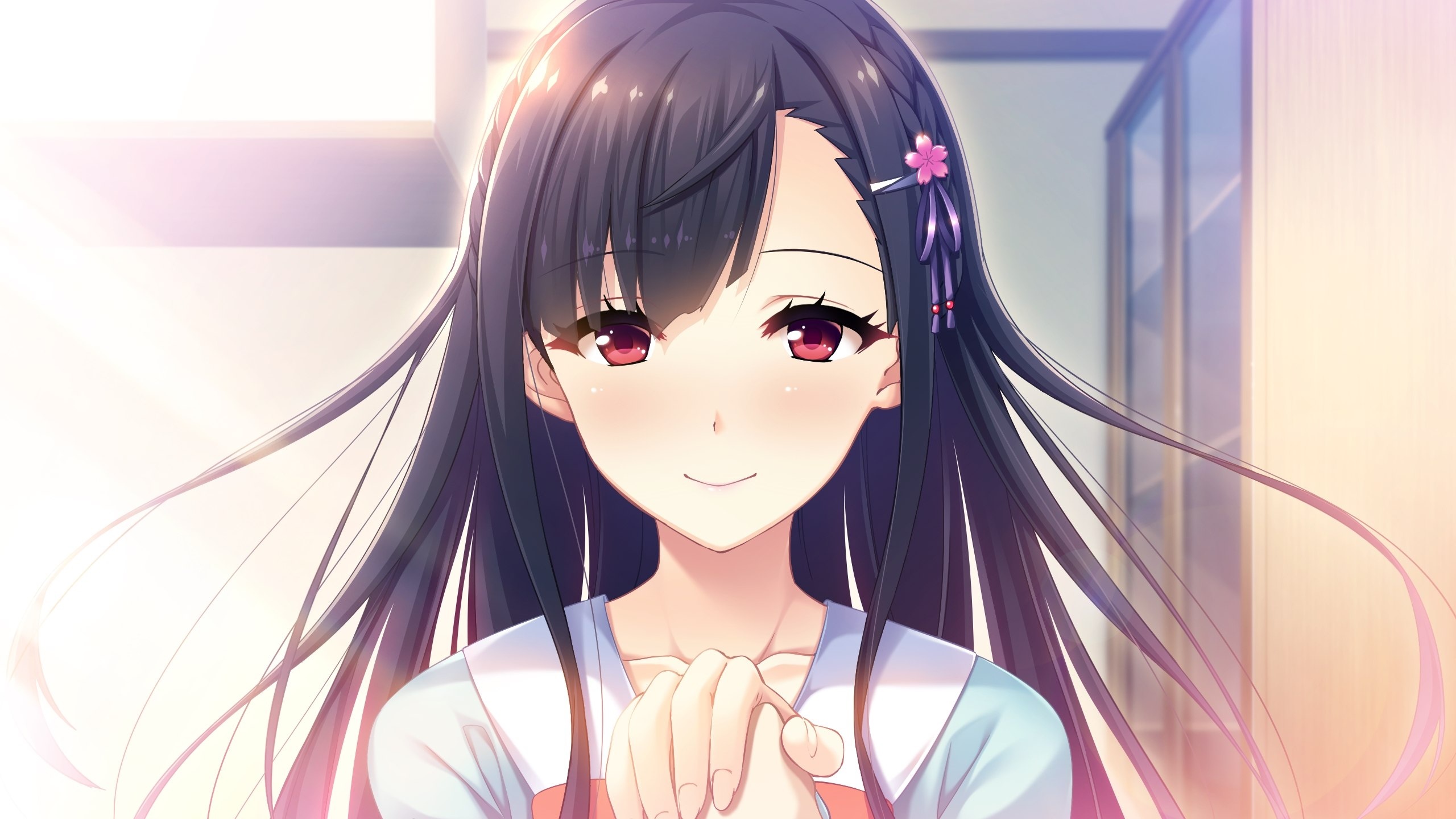 Anime girl with black hair and pink flower HD Wallpaper