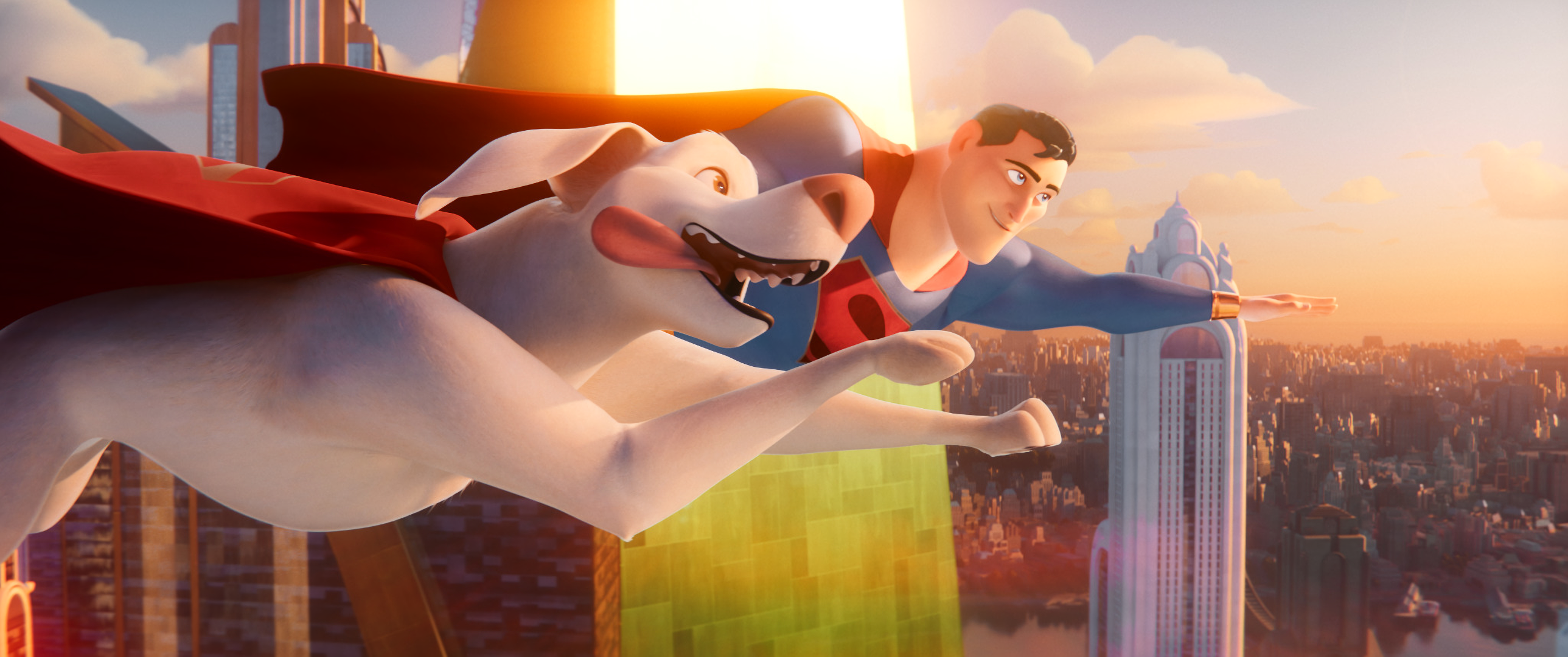 Superman and Krypto flying over a city HD Wallpaper