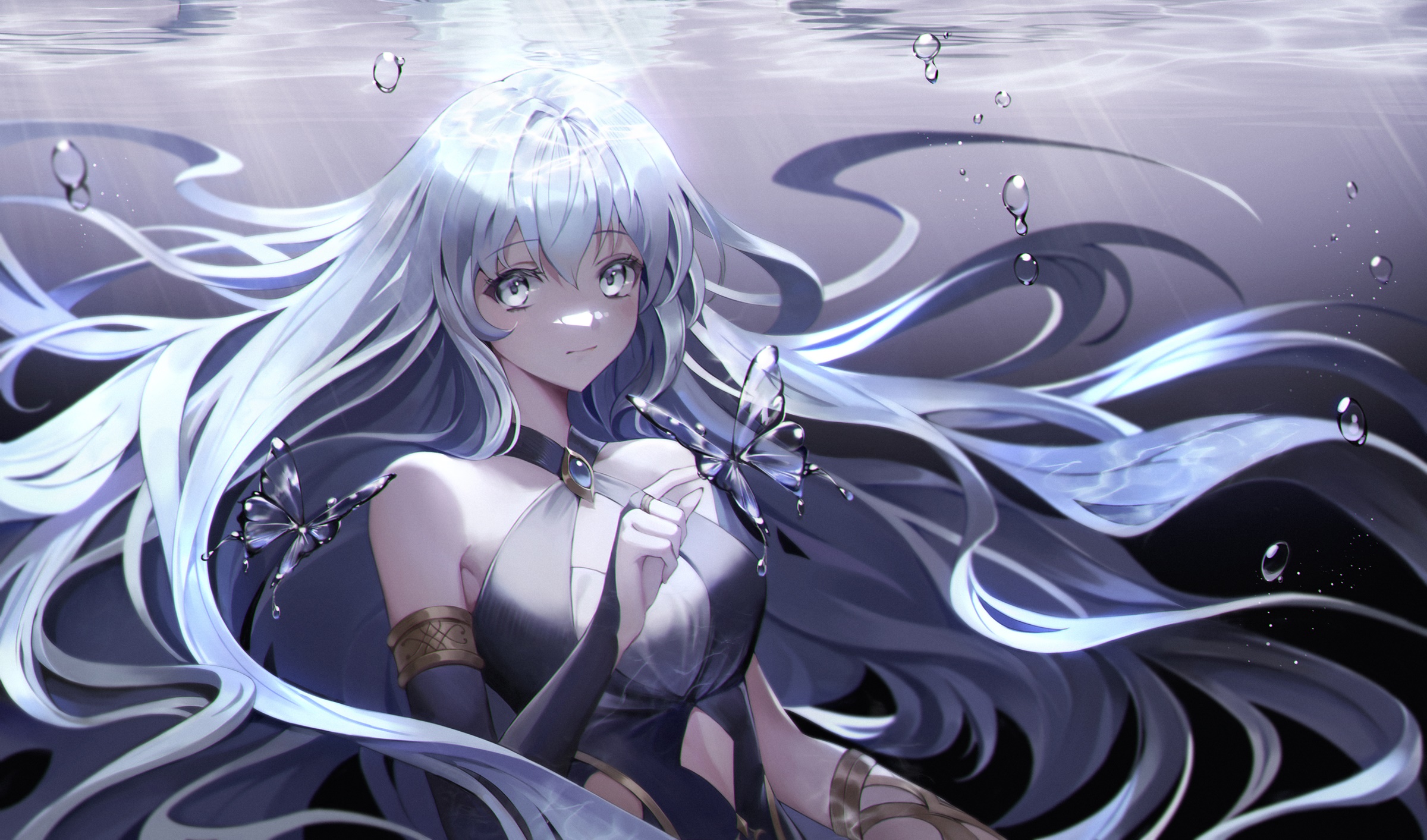 Girl underwater with butterflies and bubbles HD Wallpaper