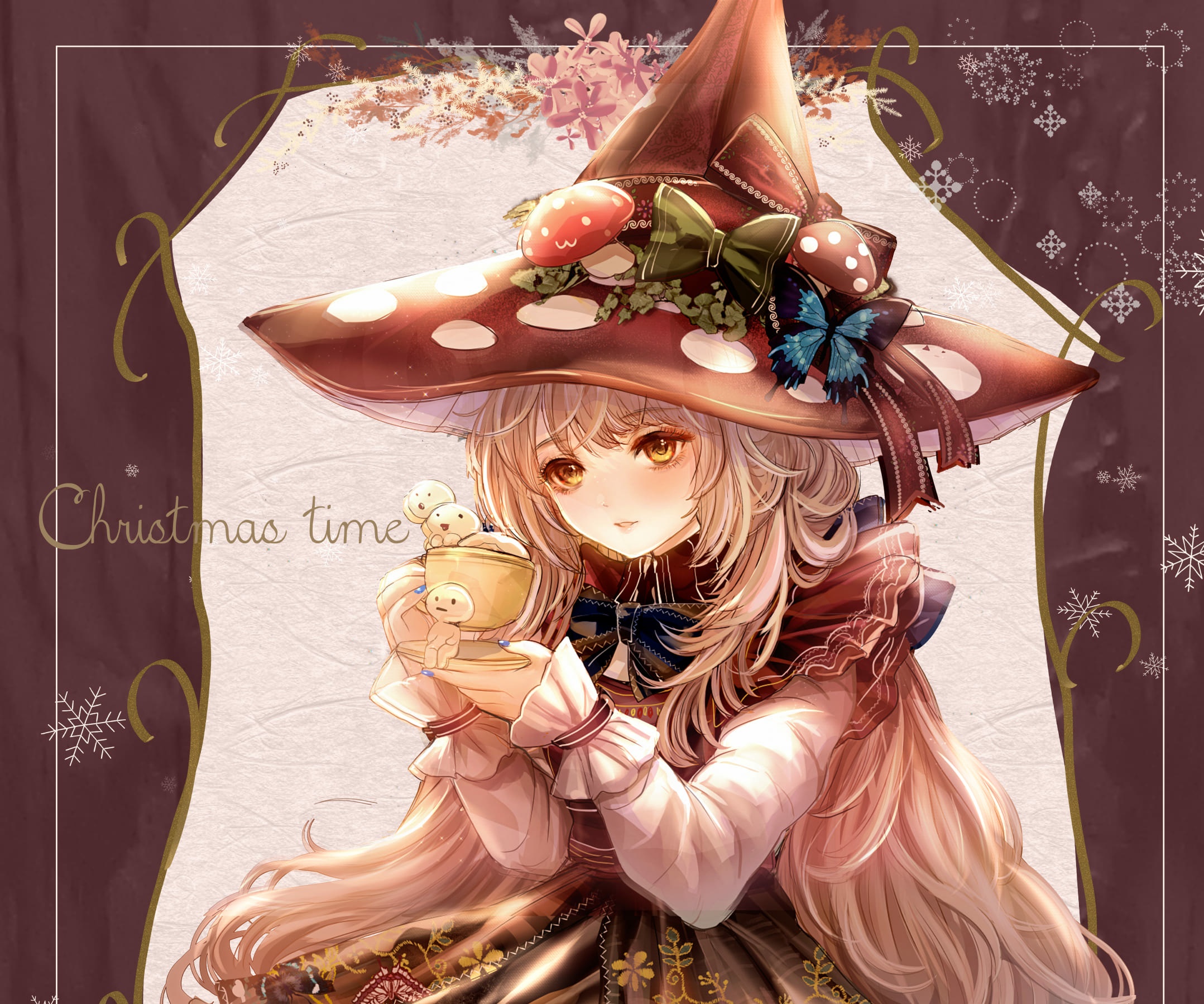 Girl in a mushroom witch hat holding a cup HD Wallpaper