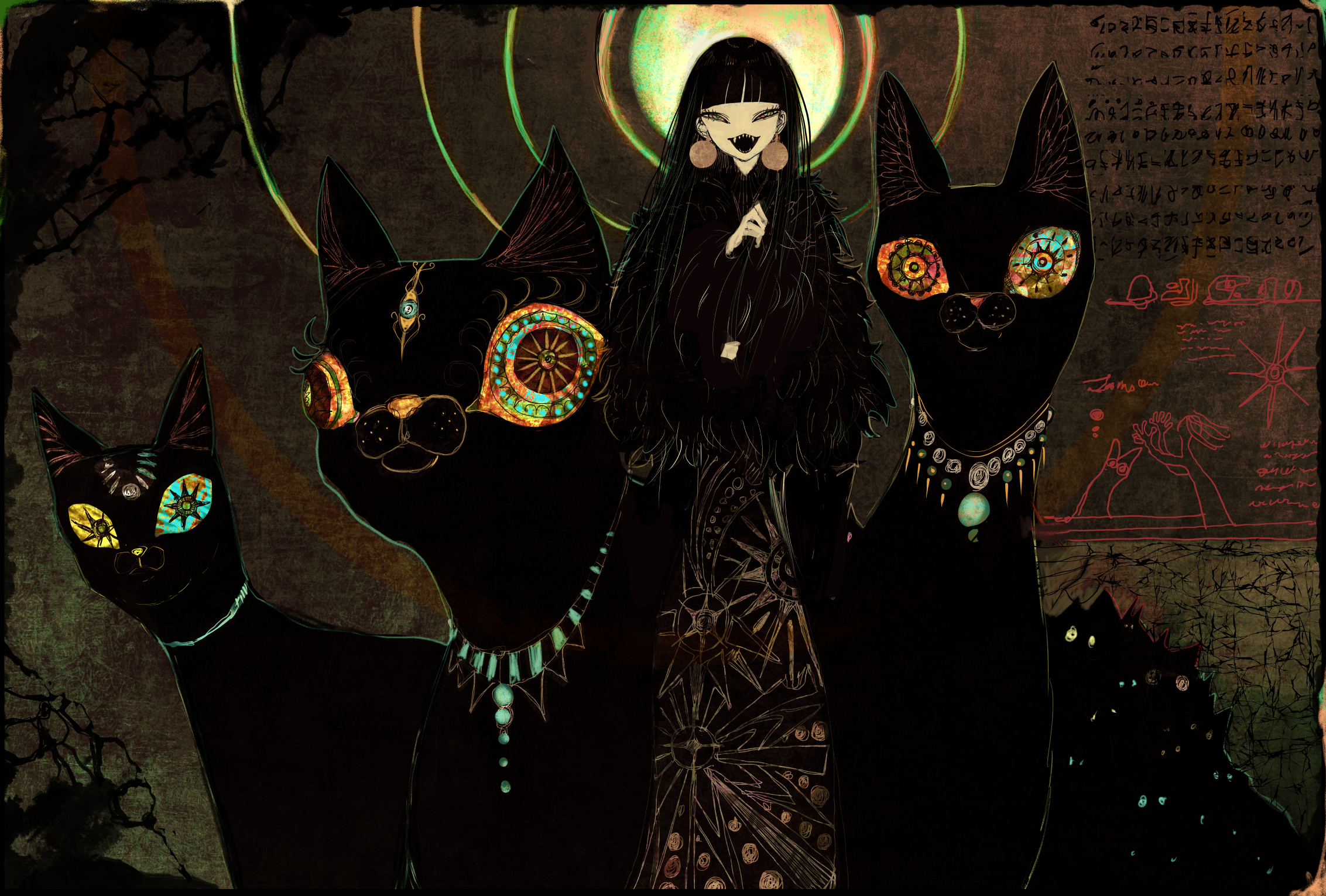 Girl with black cats and mystical symbols HD Wallpaper