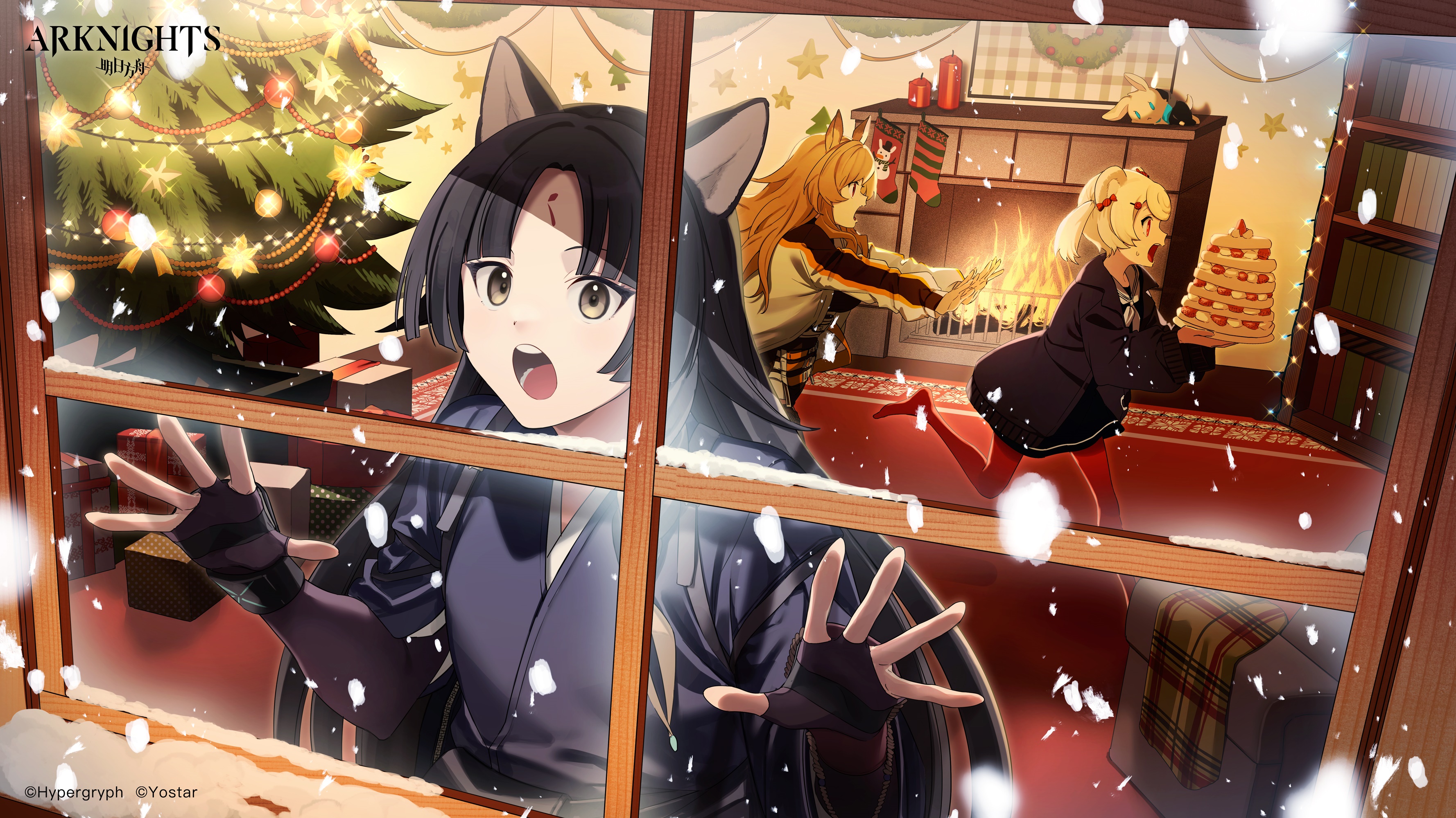 Arknights characters Saga, Ceobe, and Gummy celebrating Christmas HD Wallpaper