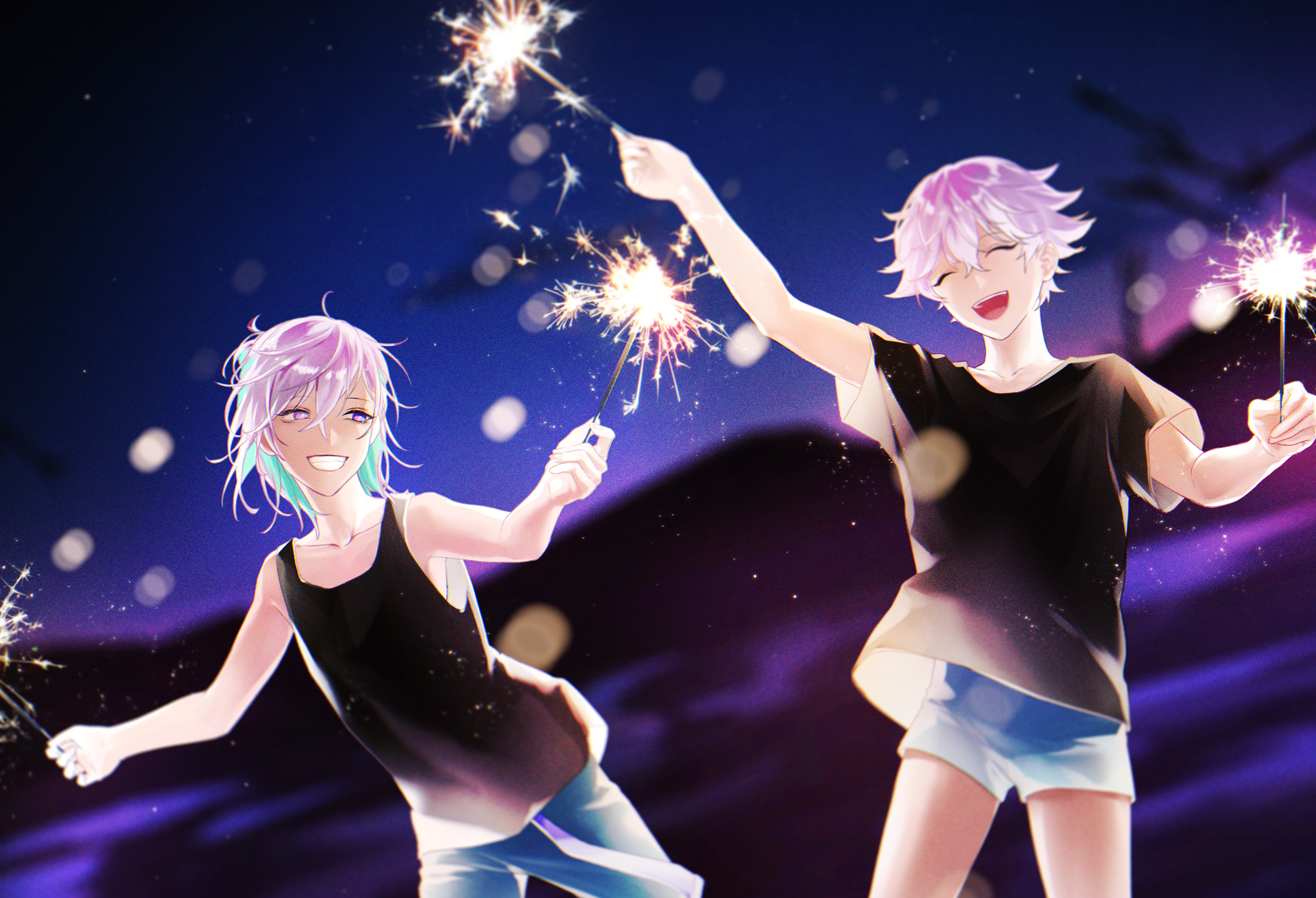 Kanata and Nayuta Yatonokami from Paradox Live with sparklers HD Wallpaper