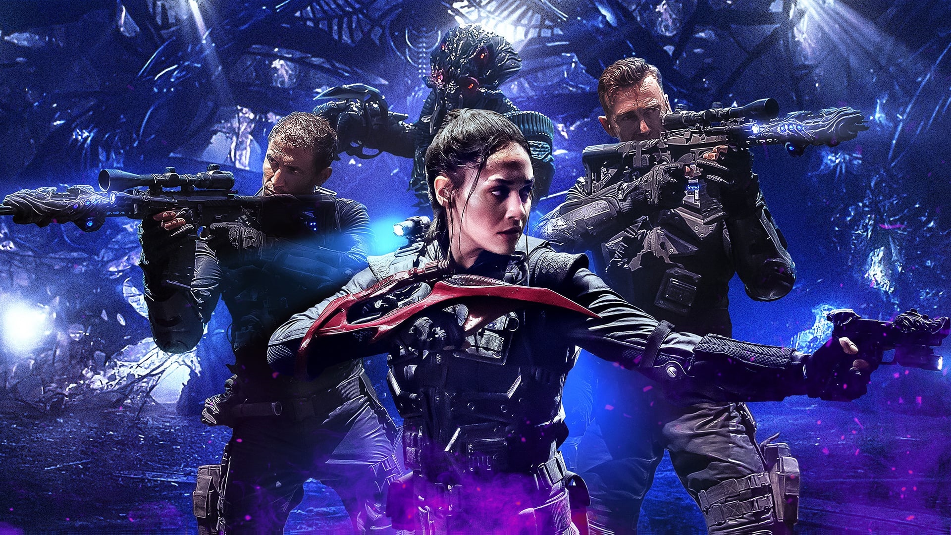 Four soldiers with futuristic weapons in a dark, alien environment HD Wallpaper