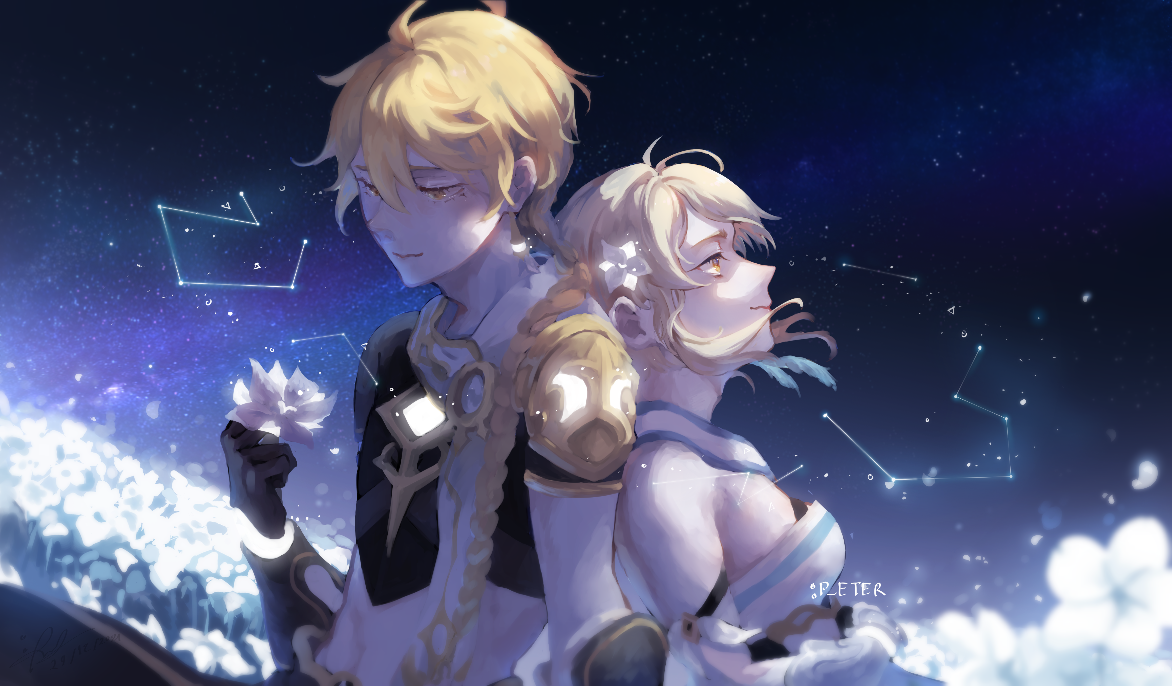 Aether and Lumine from Genshin Impact in a starry field HD Wallpaper