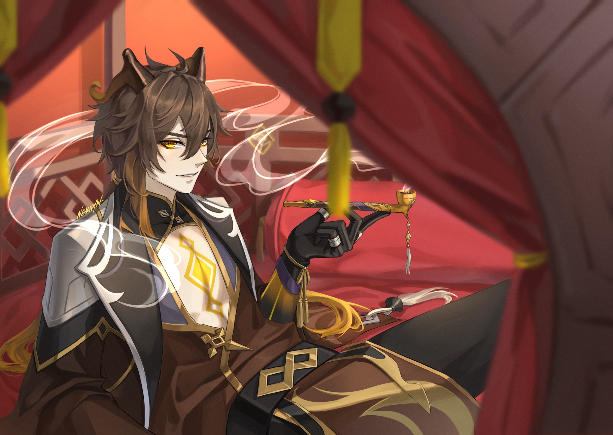 Zhongli from Genshin Impact smoking a pipe HD Wallpaper