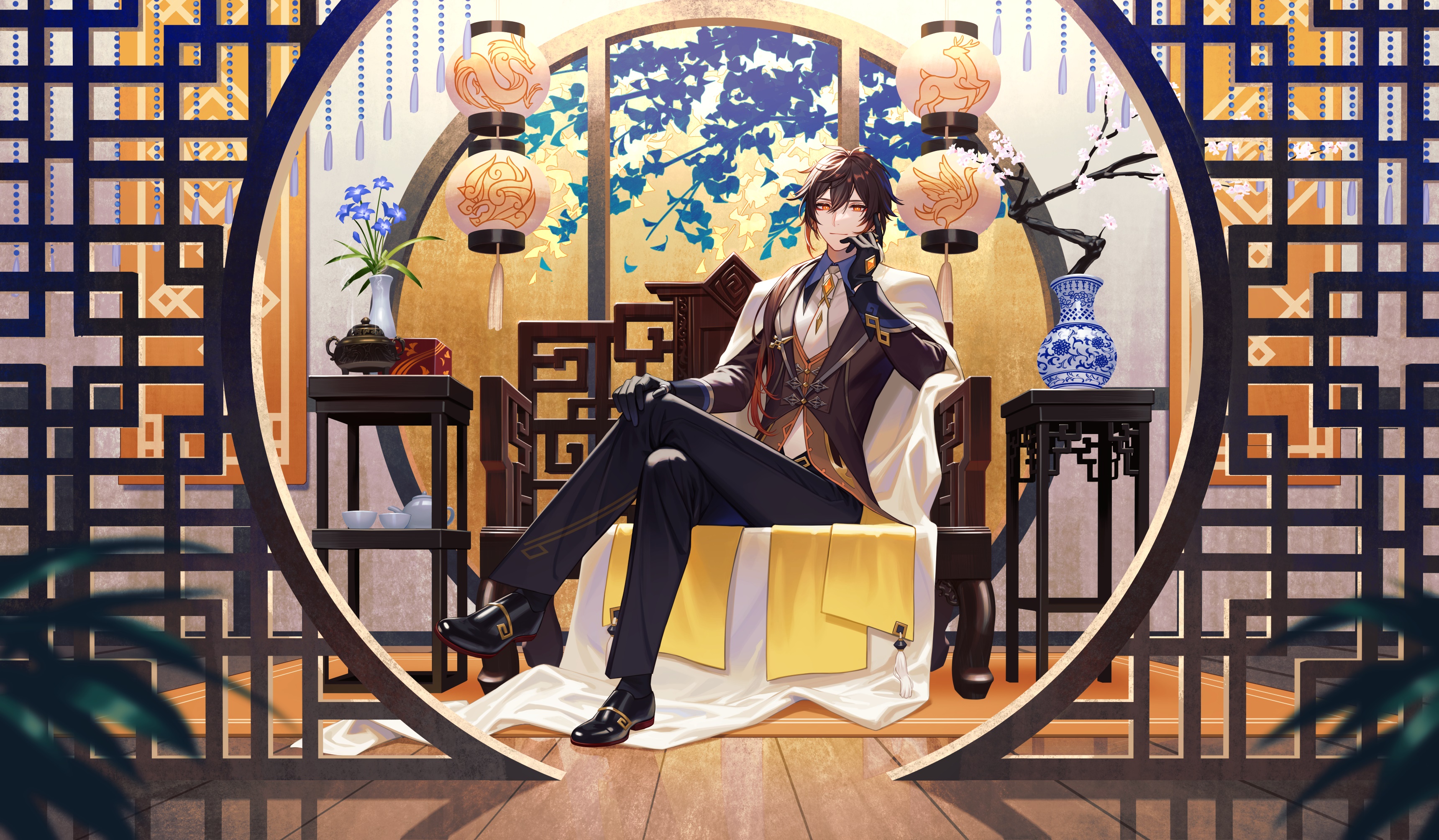 Zhongli from Genshin Impact sitting on a throne HD Wallpaper