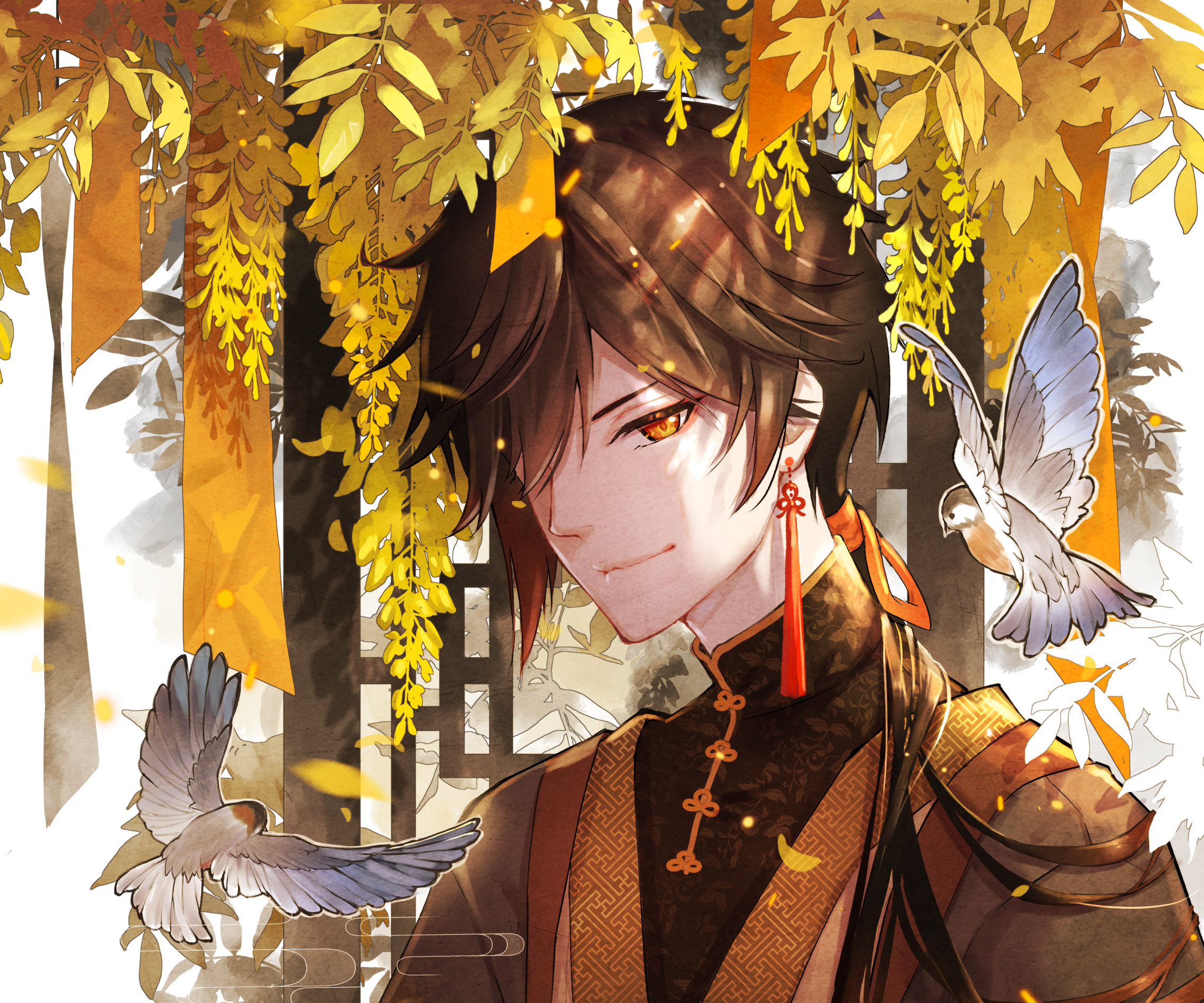 Zhongli from Genshin Impact with birds and flowers HD Wallpaper