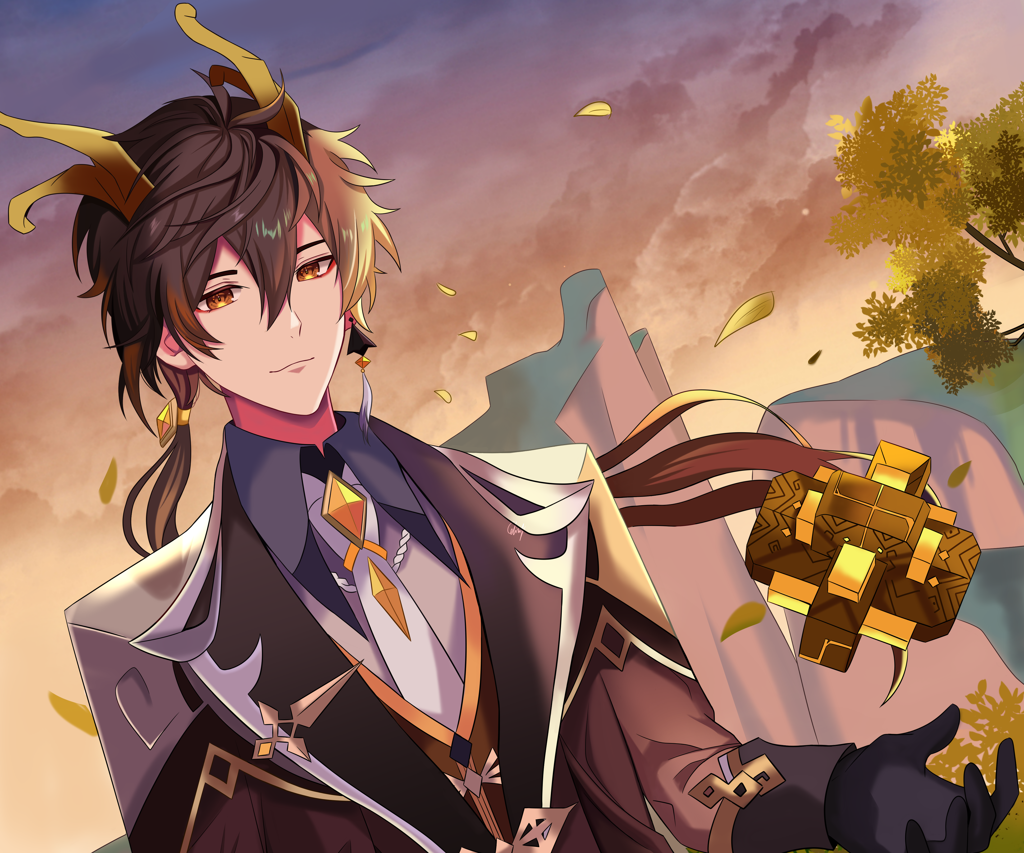 Zhongli from Genshin Impact with Geo Cube HD Wallpaper