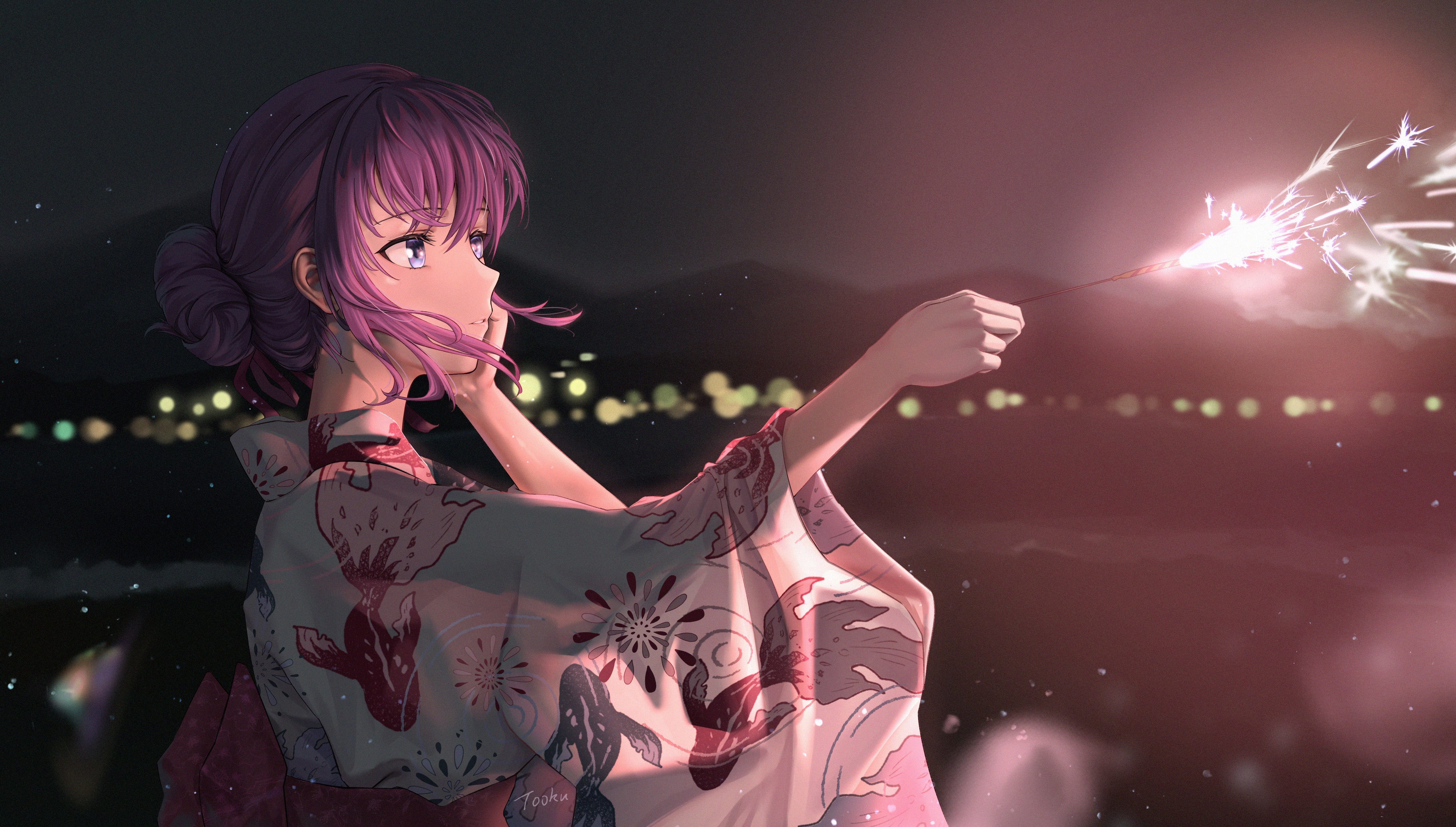 Sakura Matou from Fate/stay Night: Heavens Feel holding a sparkler HD Wallpaper