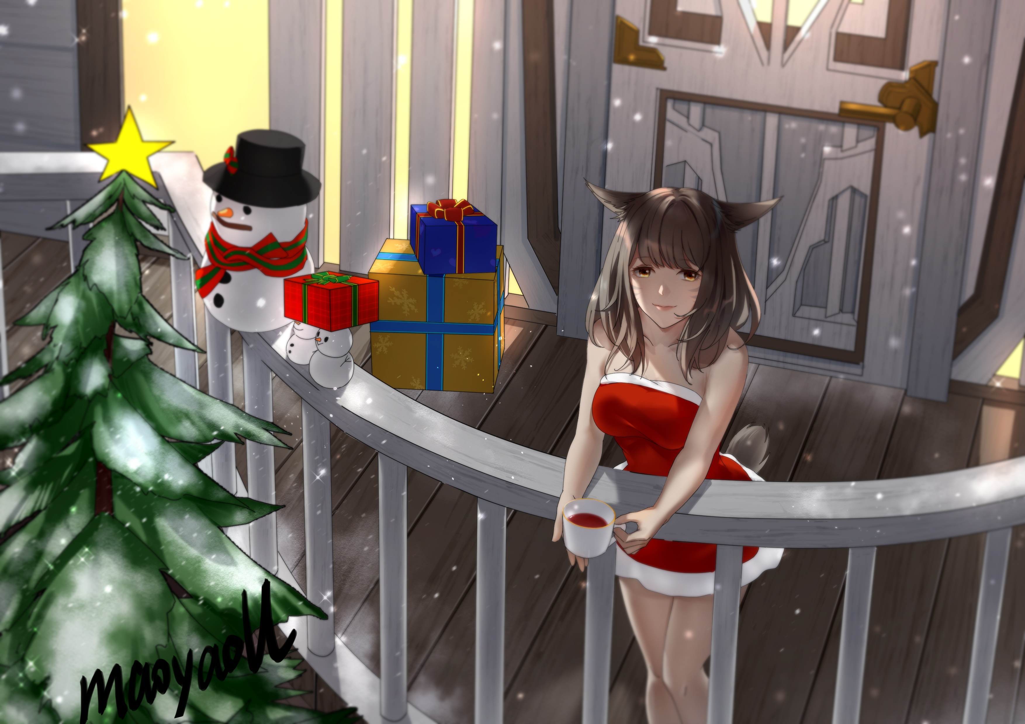Miqo'te from Final Fantasy XIV in Christmas attire HD Wallpaper