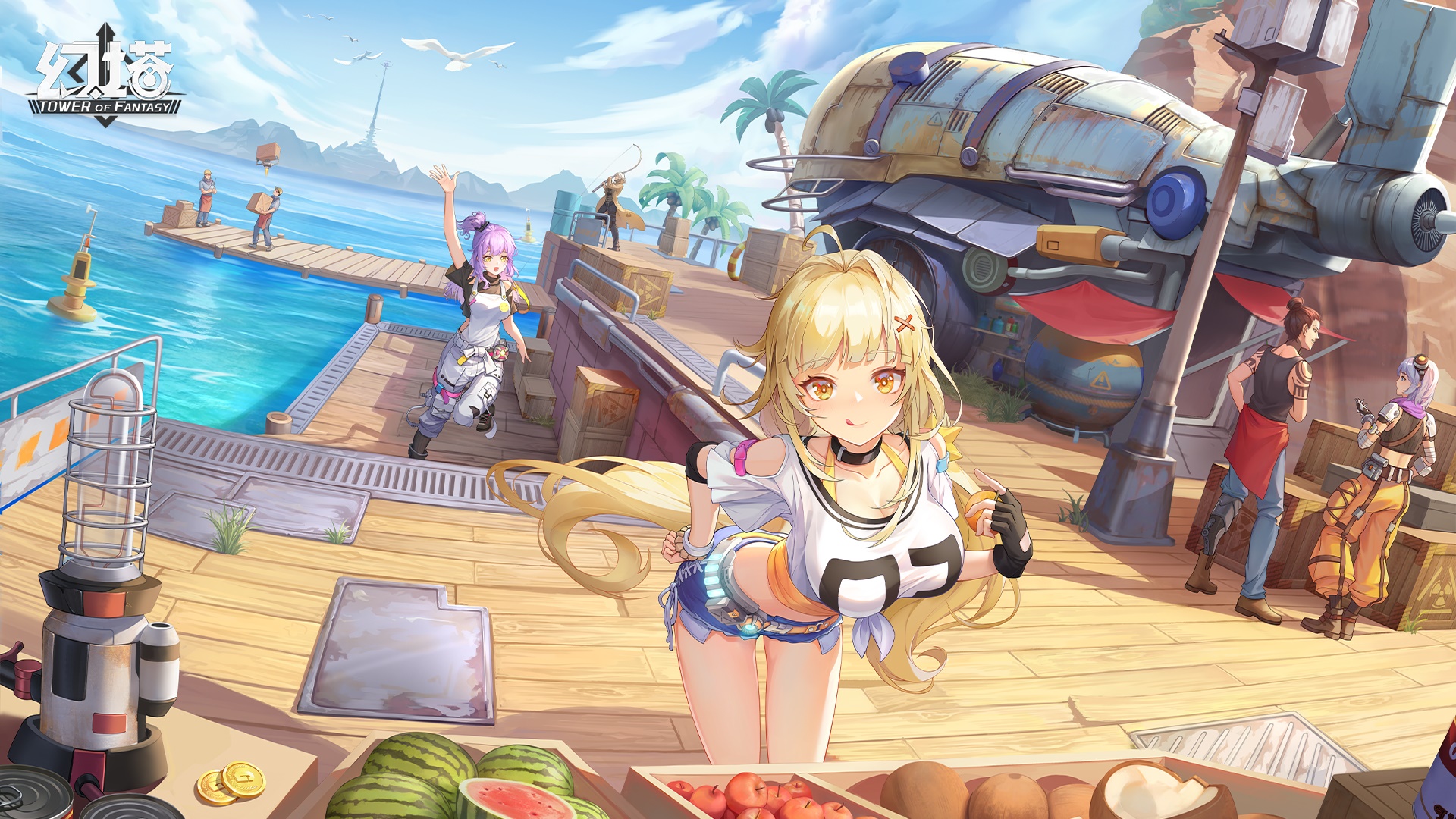 Tower of Fantasy characters on a sunny dock HD Wallpaper