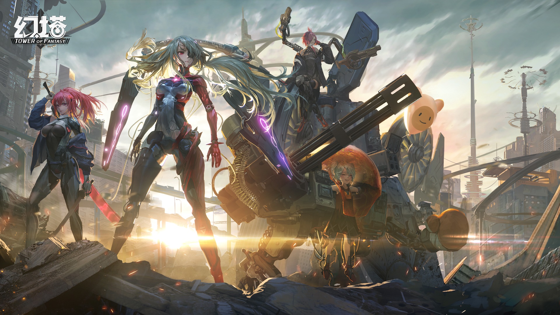 Tower of Fantasy characters with mecha and city background HD Wallpaper