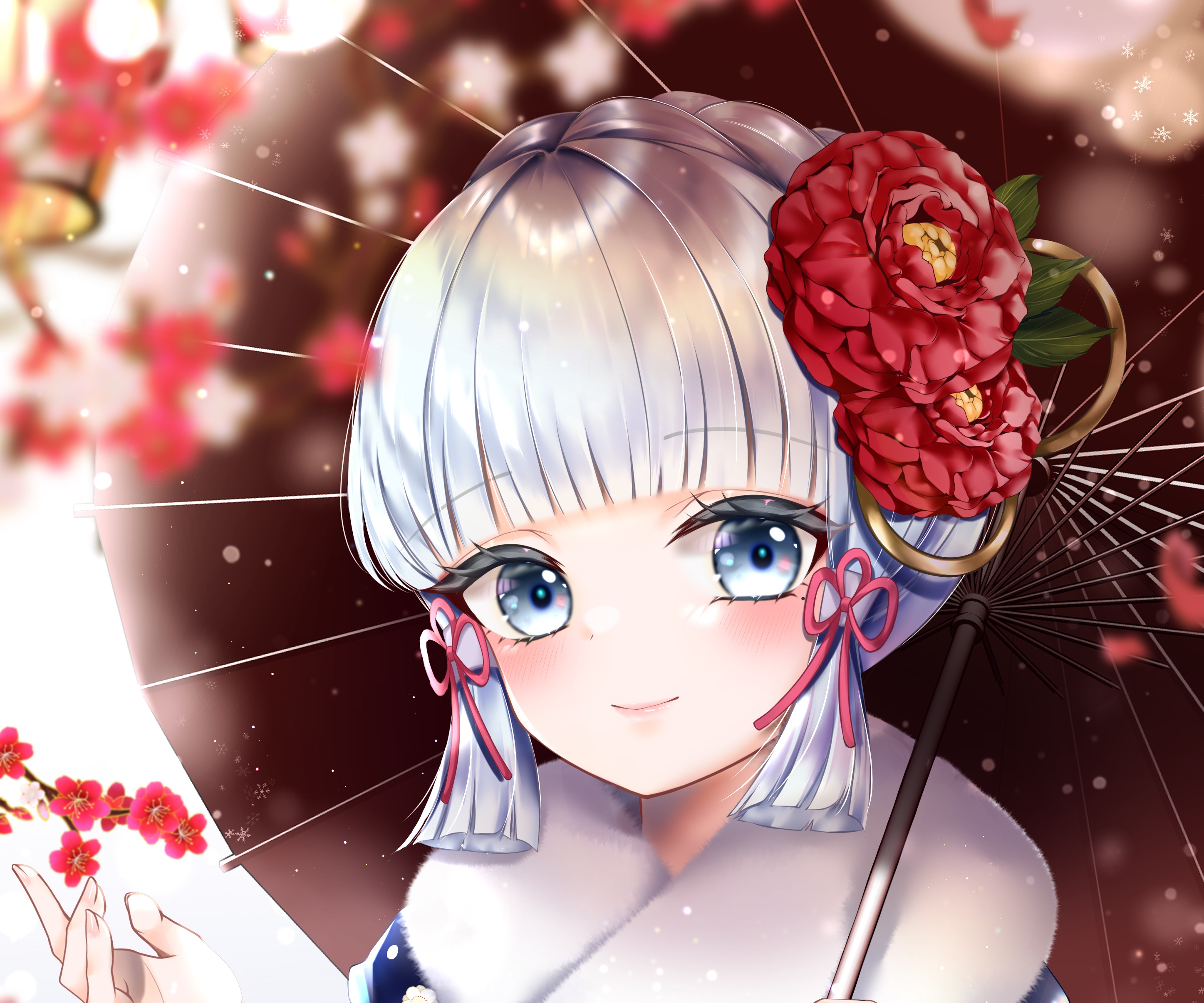Kamisato Ayaka from Genshin Impact with umbrella HD Wallpaper