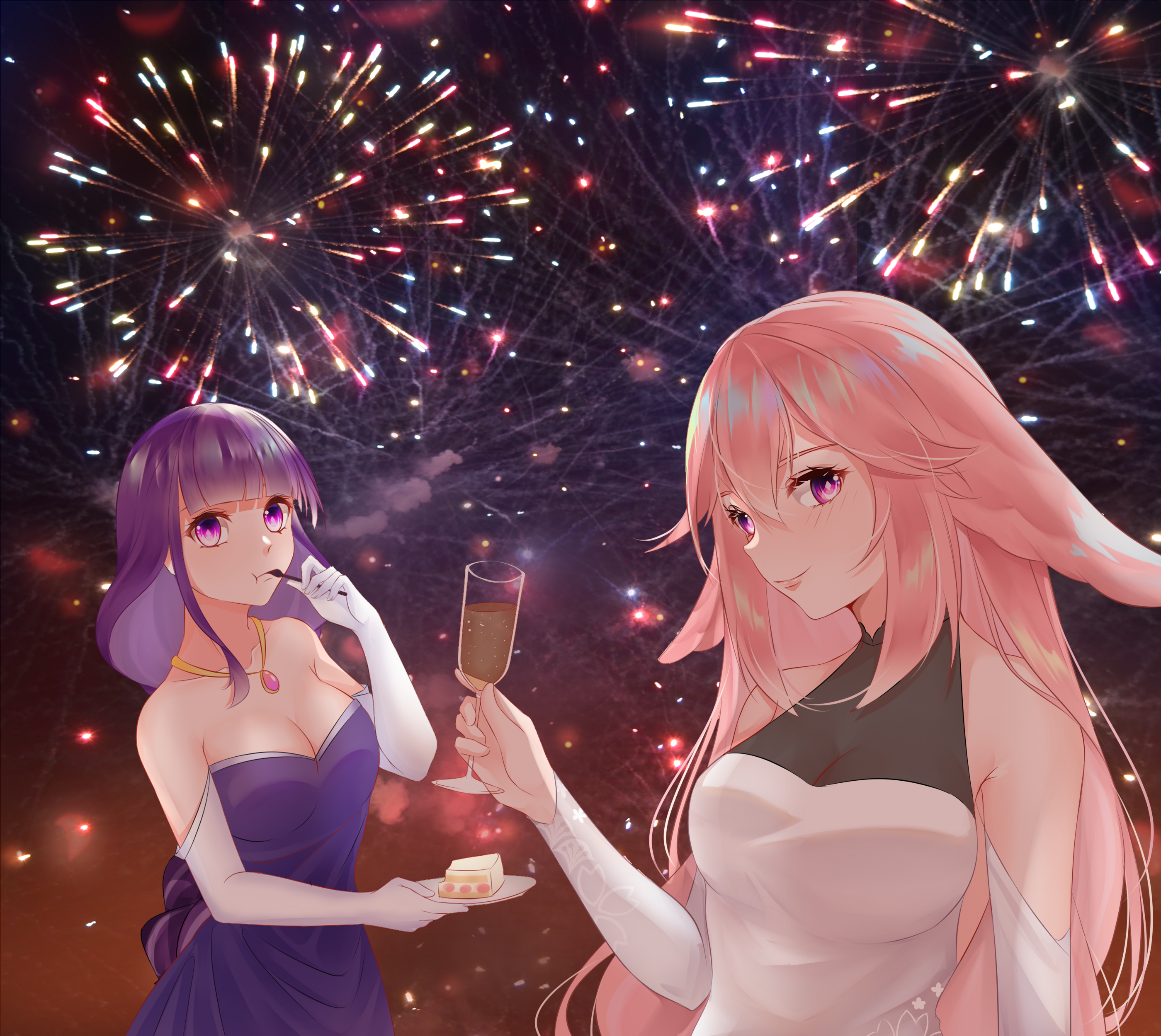 Yae Miko and Raiden Shogun from Genshin Impact celebrating with fireworks HD Wallpaper