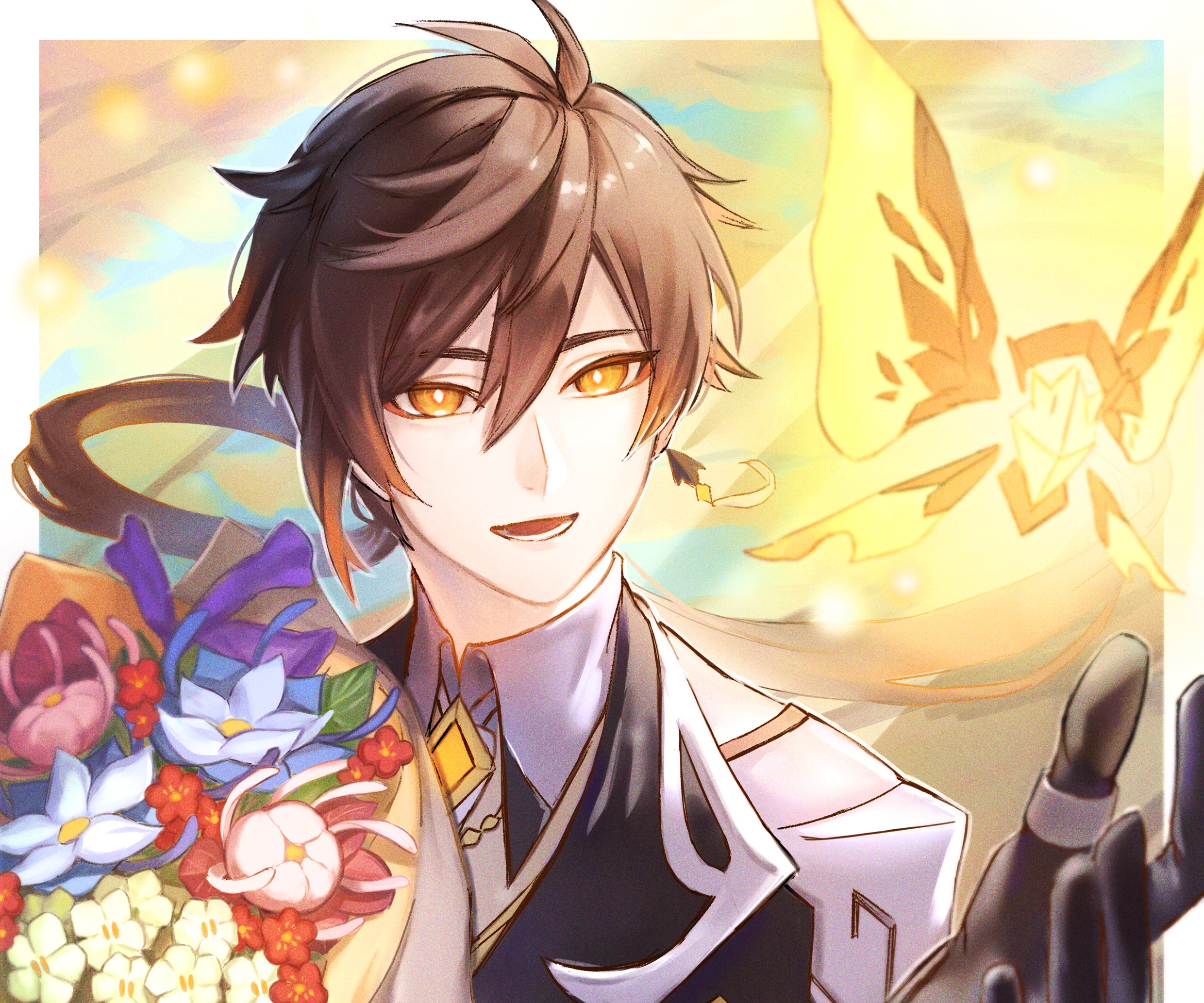 Zhongli from Genshin Impact with flowers and butterfly HD Wallpaper