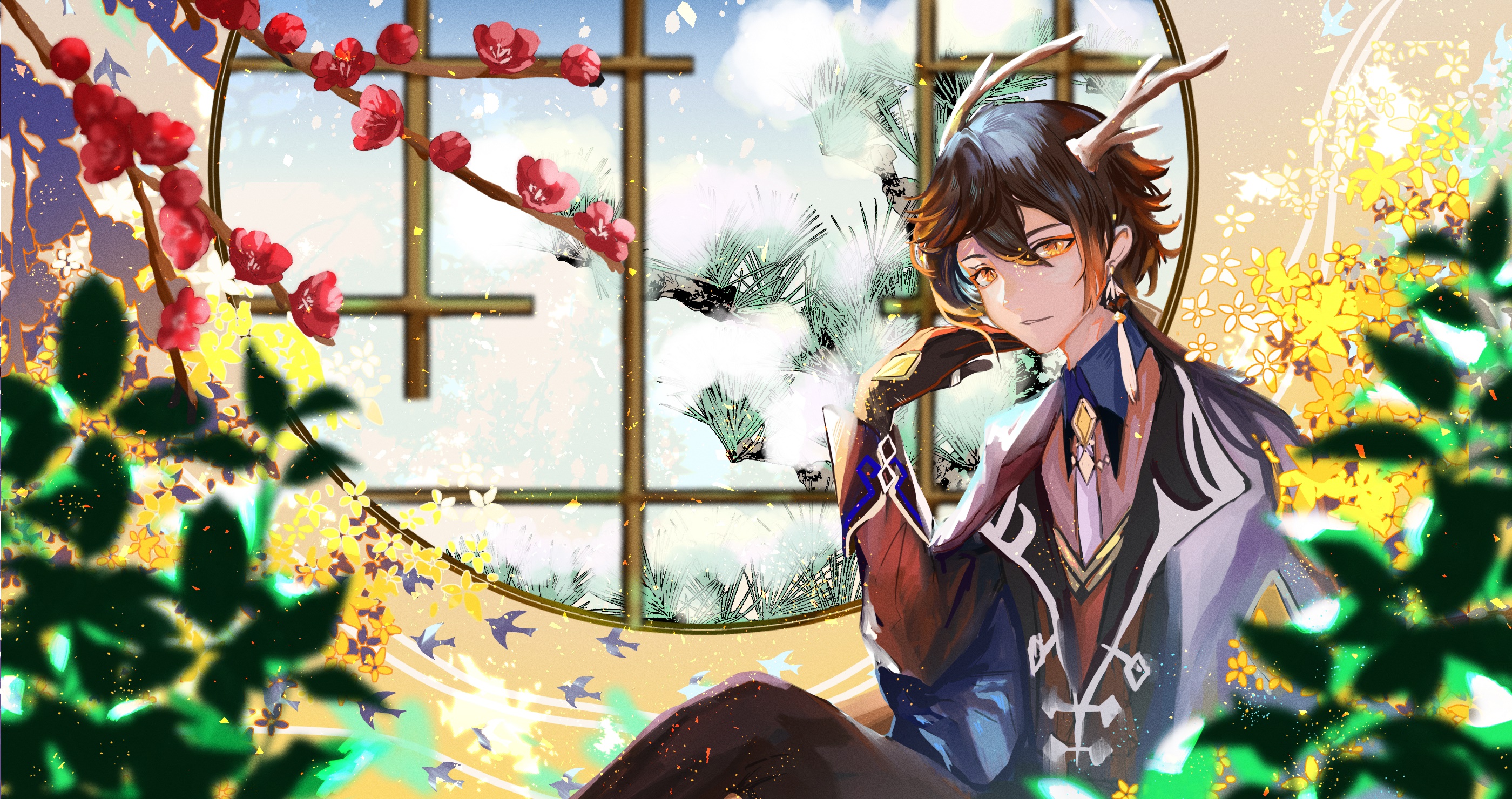 Zhongli from Genshin Impact with flowers HD Wallpaper