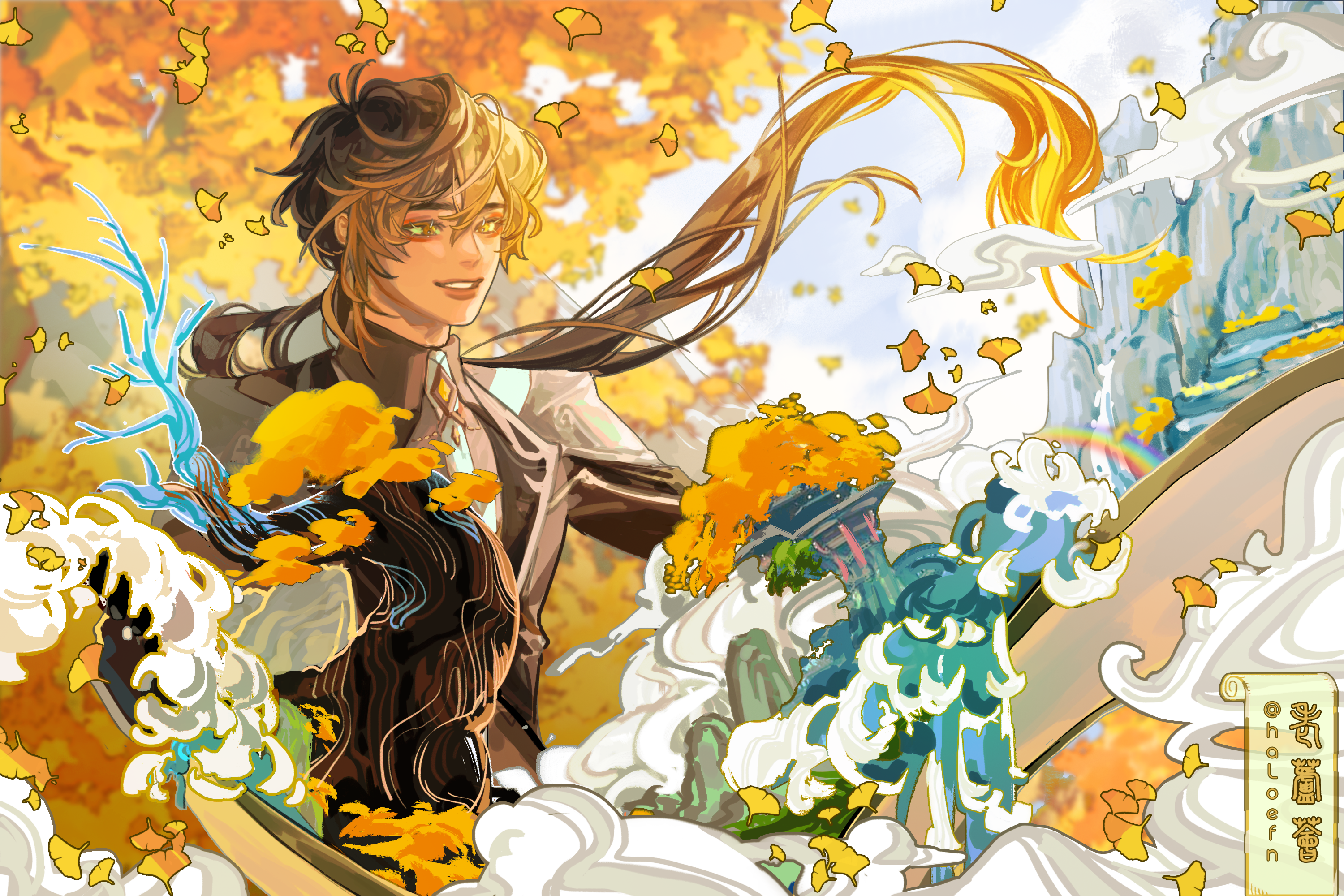 Zhongli from Genshin Impact in Autumn HD Wallpaper
